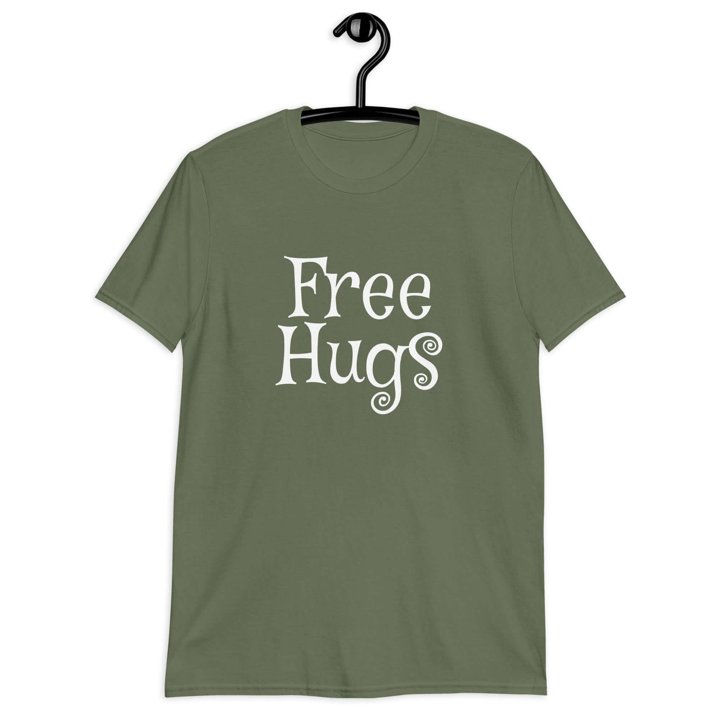 Military green t-shirt with the words Free Hugs printed on the front.