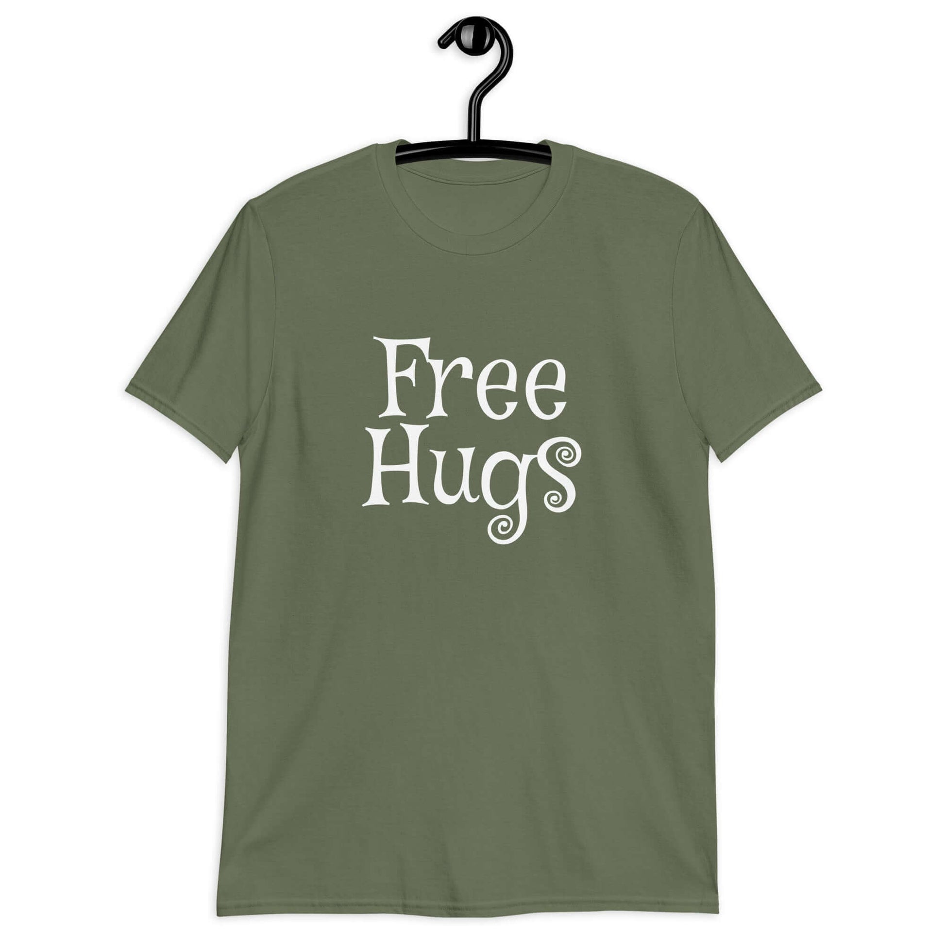 Military green t-shirt with the words Free Hugs printed on the front.