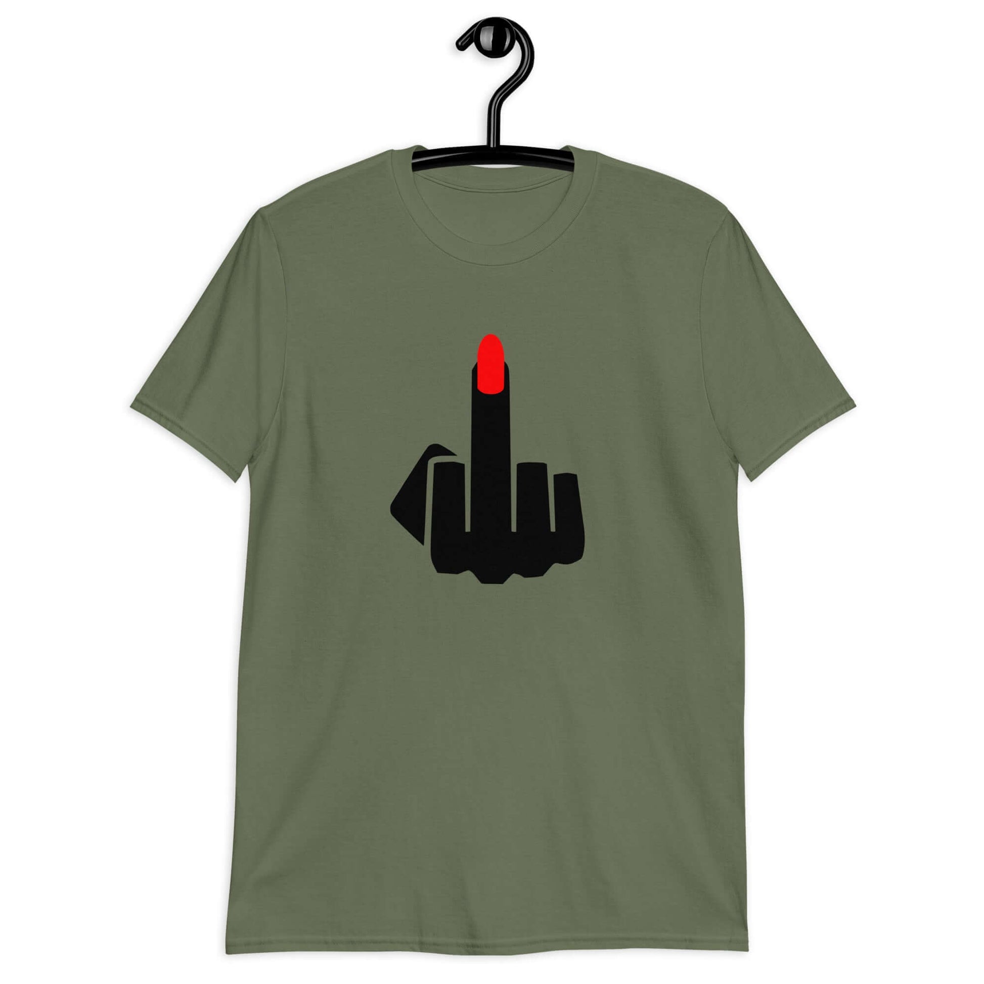 Military green t-shirt with an image of a middle finger with long red fingernail silhouette printed on the front.