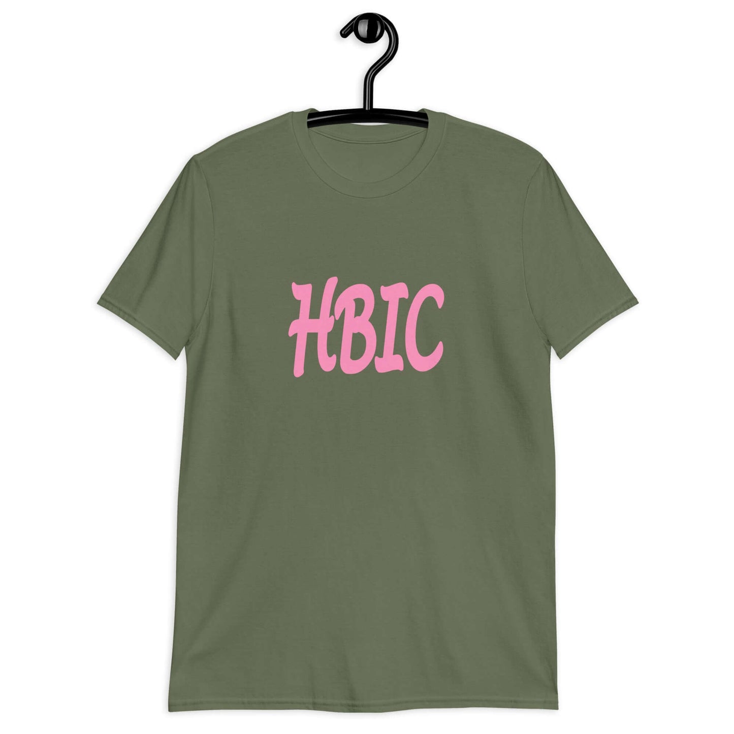 Military green t-shirt with the acronym HBIC printed on the front in pink text.