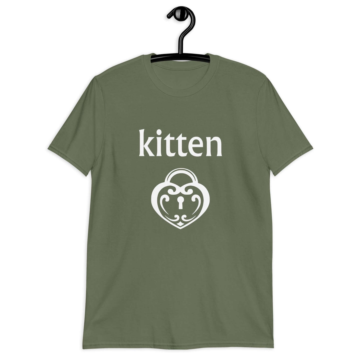 Military green t-shirt with an image of a heart shaped lock and the word kitten printed on the front.