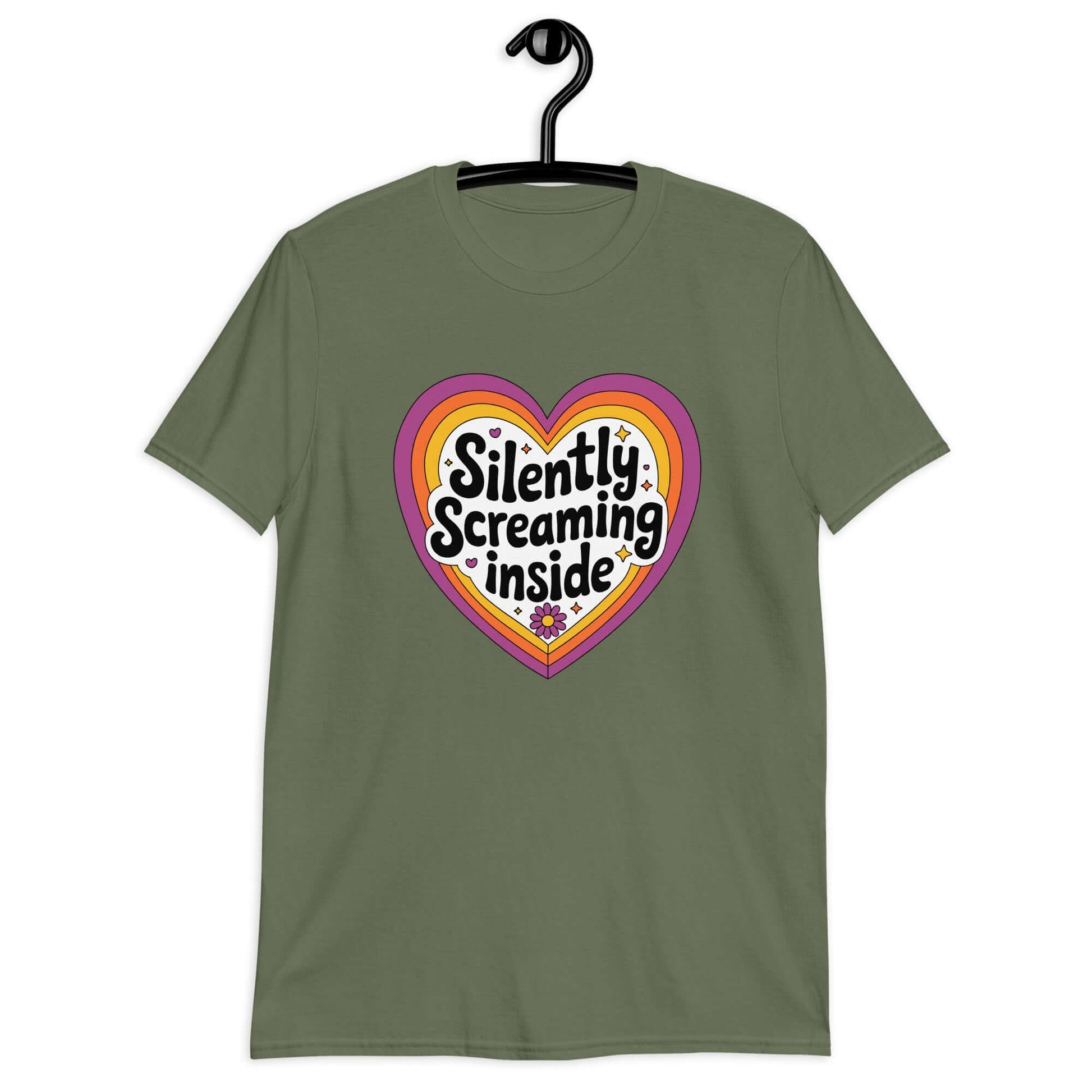 Military green t-shirt with a graphic that says Silently screaming inside. The graphics are printed on the front of the shirt.