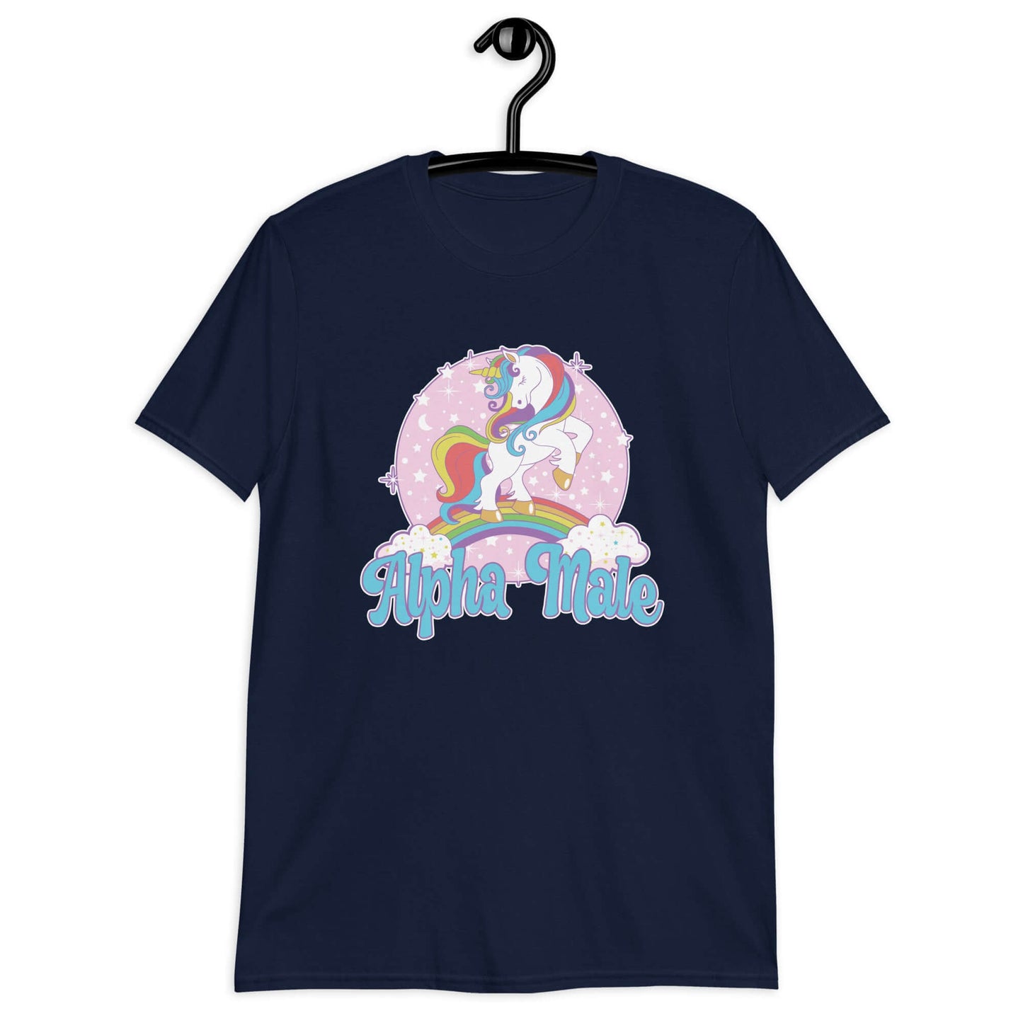 Navy blue t-shirt with funny pastel rainbow unicorn graphics and the words Alpha Male printed on the front.