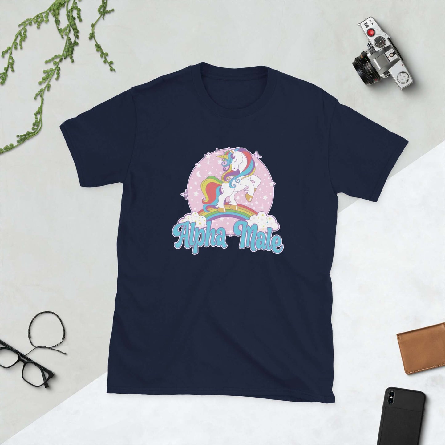 navy t-tshirt that says Alpha Male with unicorn graphics