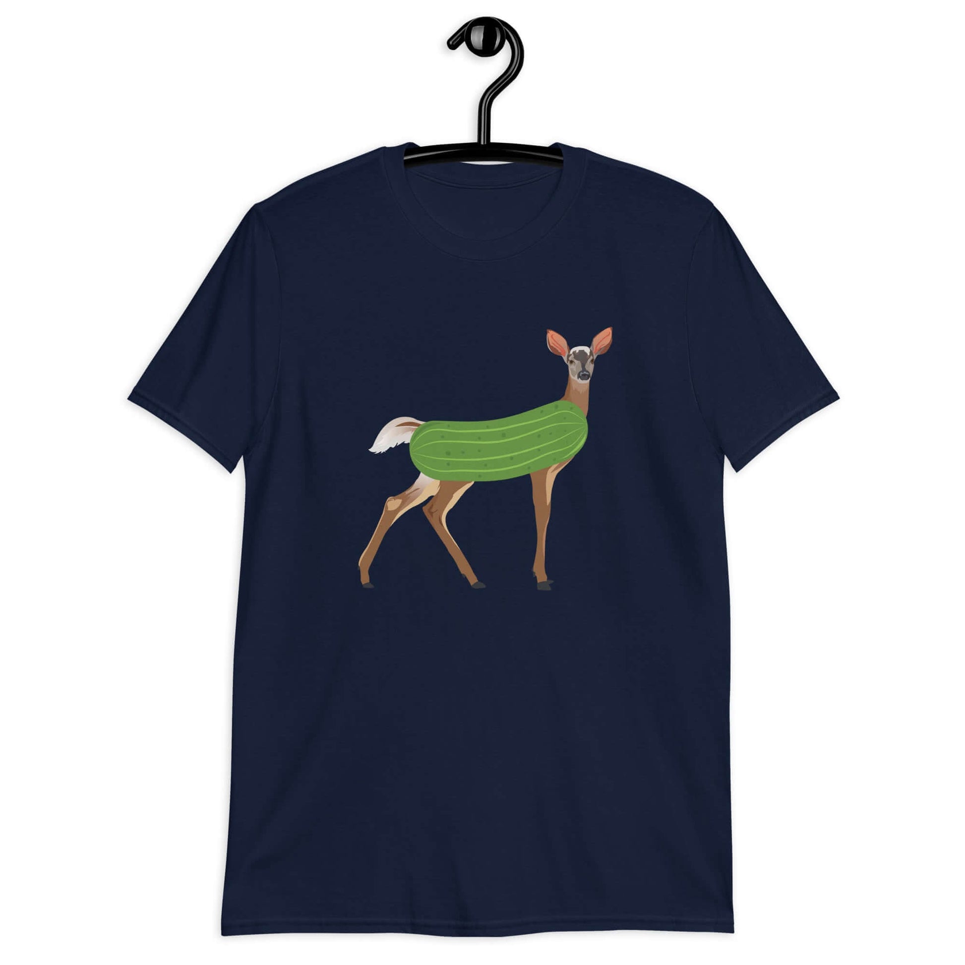 Navy blue dildo pun t-shirt with funny image of a doe deer with a dill pickle body printed on the front.