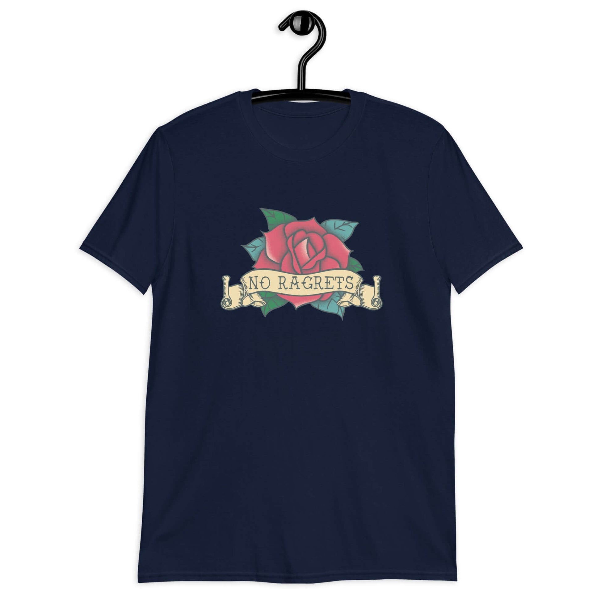 Navy blue t-shirt with a funny image of an old school rose flash tattoo & the words no ragrets. The word regrets is intentionally misspelled.
