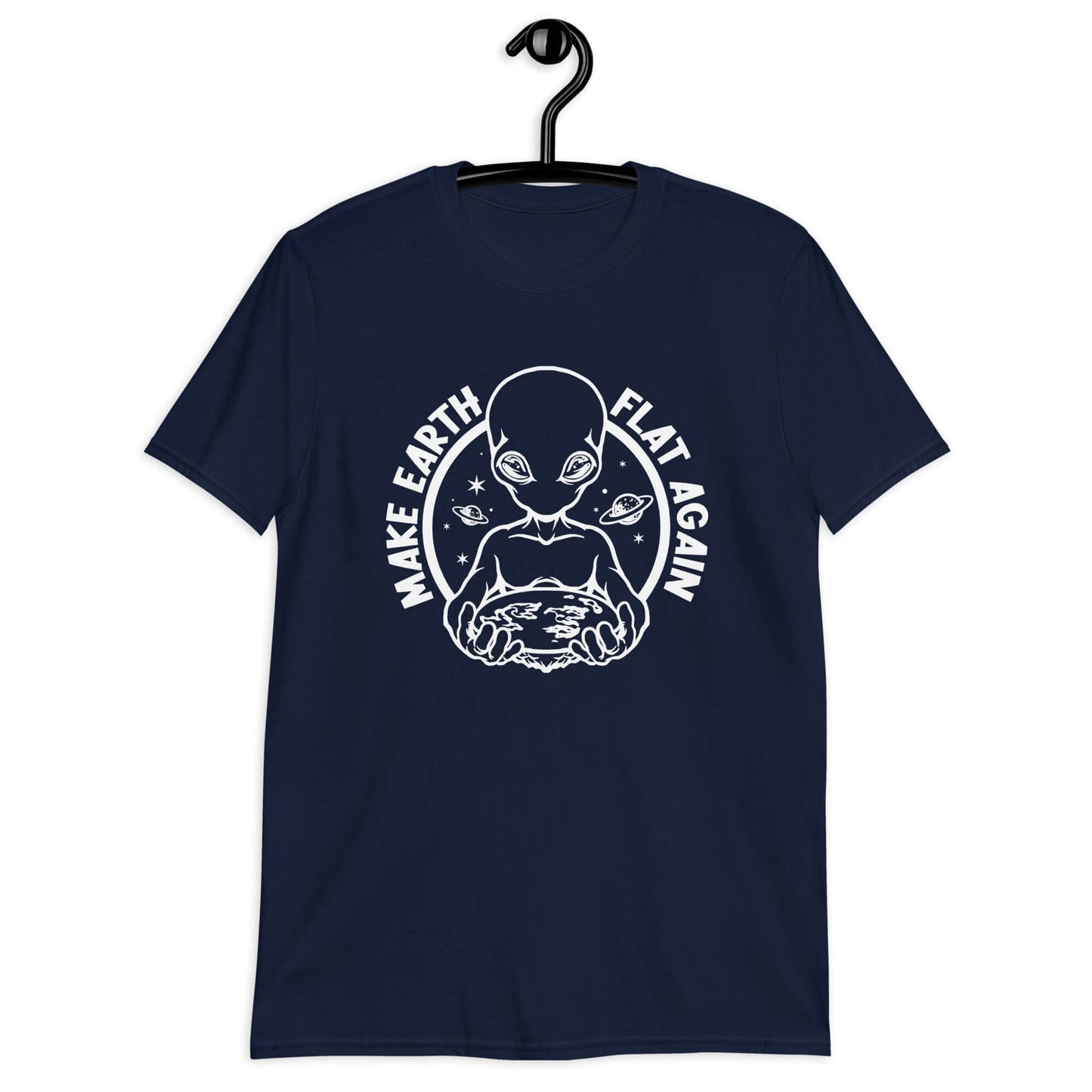 Navy blue t-shirt with an image of an alien holding flat earth and the phrase Make earth flat again printed on the front.