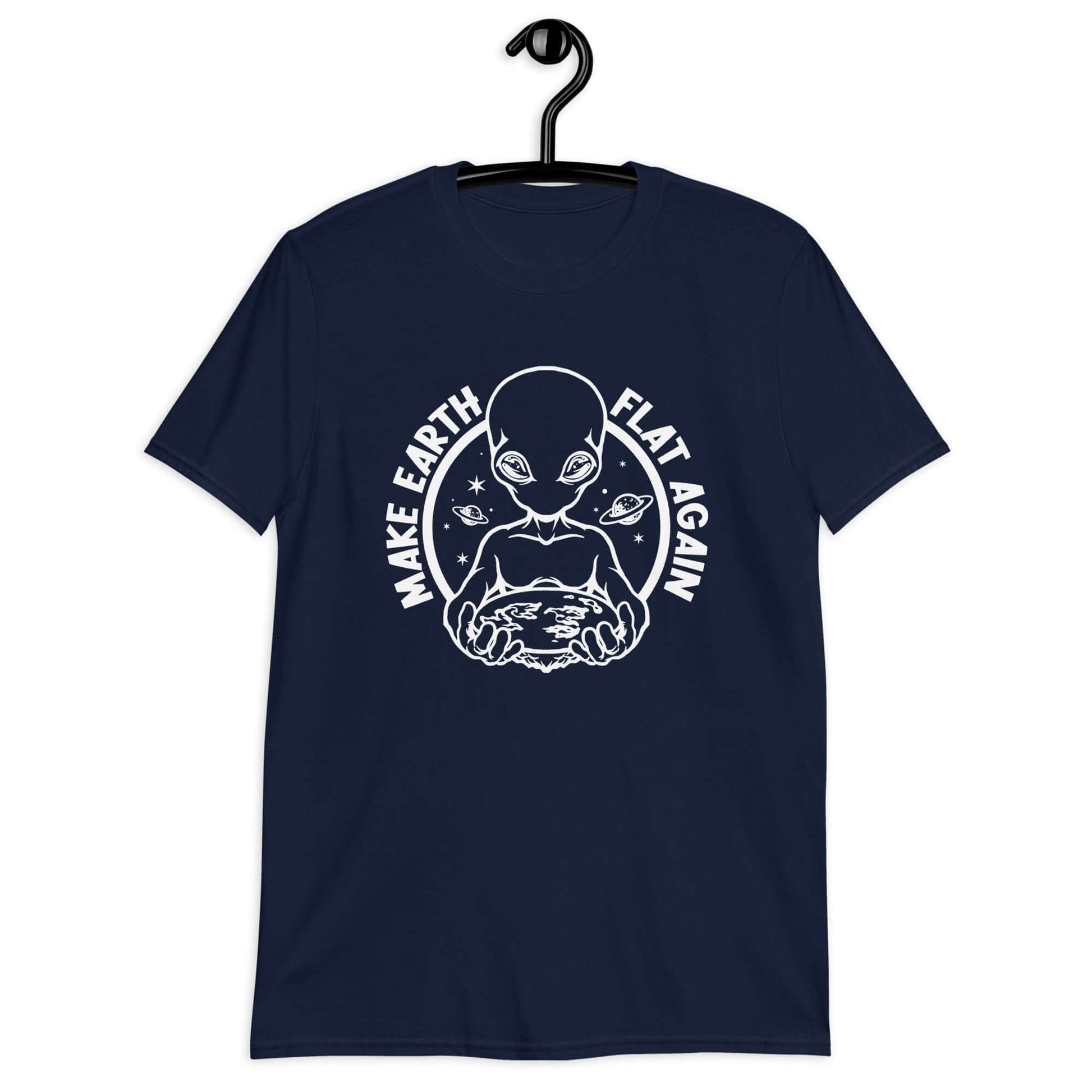 Navy blue t-shirt with an image of an alien holding flat earth and the phrase Make earth flat again printed on the front.