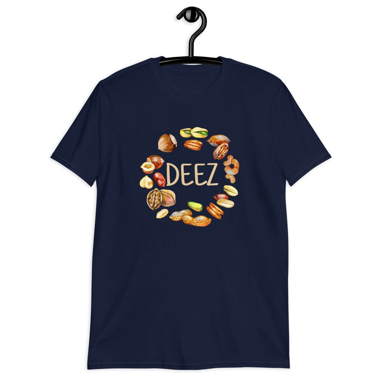 Navy blue t-shirt with an image of various nuts and the word Deez printed on the front.,