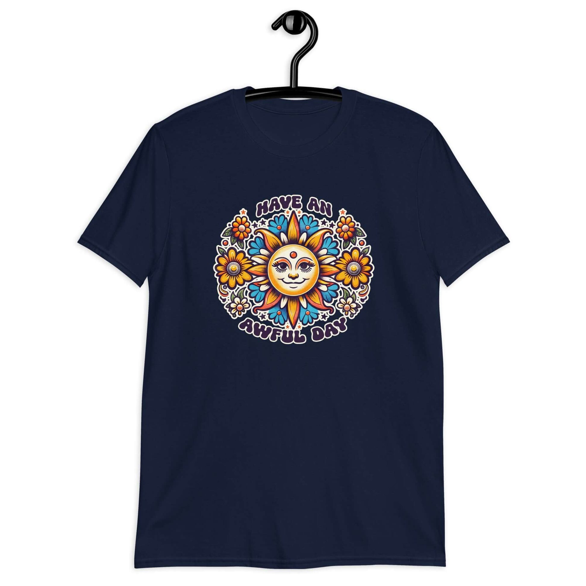 Navy blue t-shirt with a sun graphic and the phrase Have an awful day printed on the front.