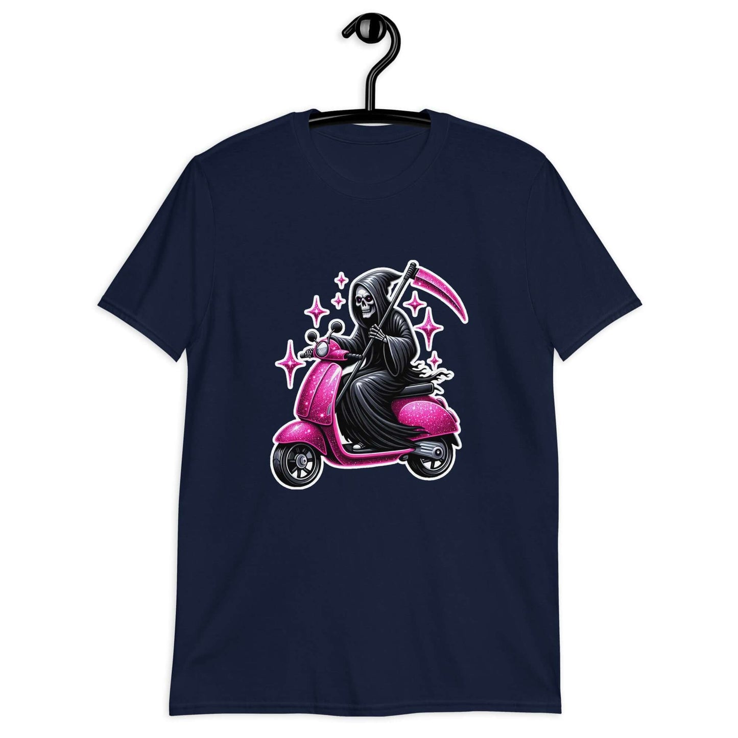 Navy blue t-shirt with an image of the Grim Reaper riding on a glam pink scooter printed on the front.