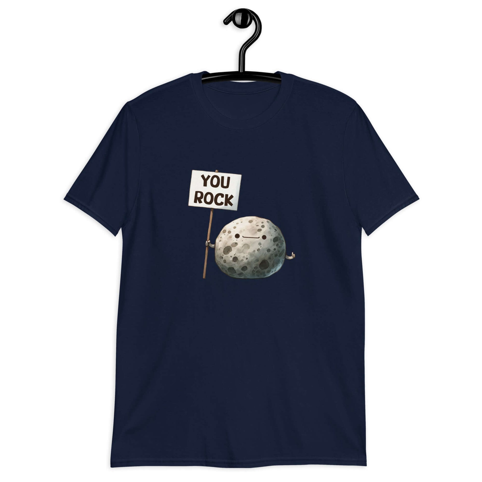 Navy blue t-shirt that has an image of a grey rock that is holding a sign. The sign says You Rock. The image is printed on the front of the t-shirt..