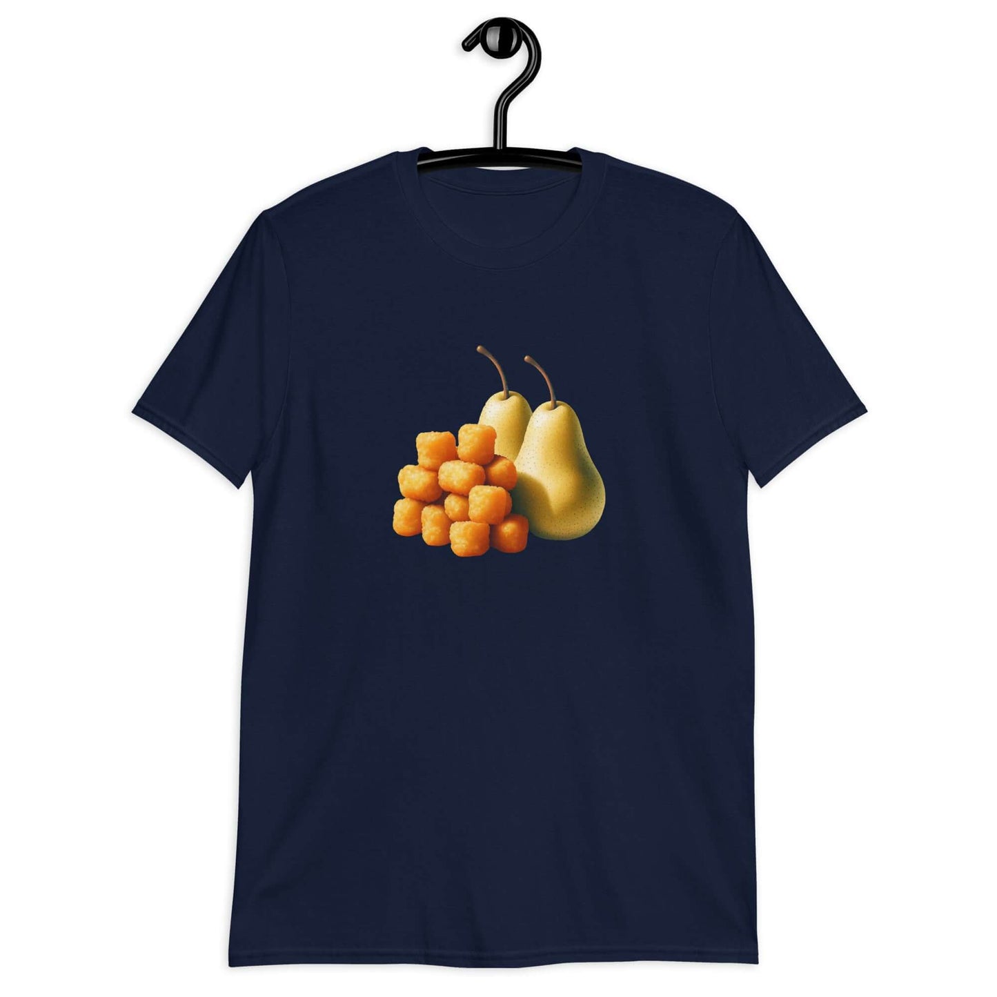 Navy blue t-shirt with an image of tater tots and two pears printed on the front.