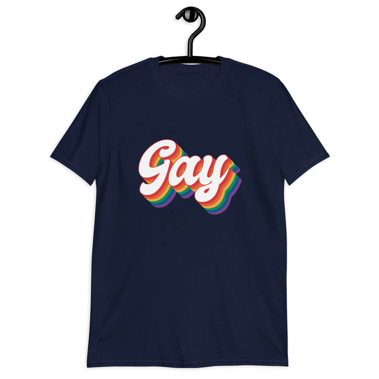 Navy blue t-shirt with the word Gay printed on the front. The word gay is outlined in rainbow.