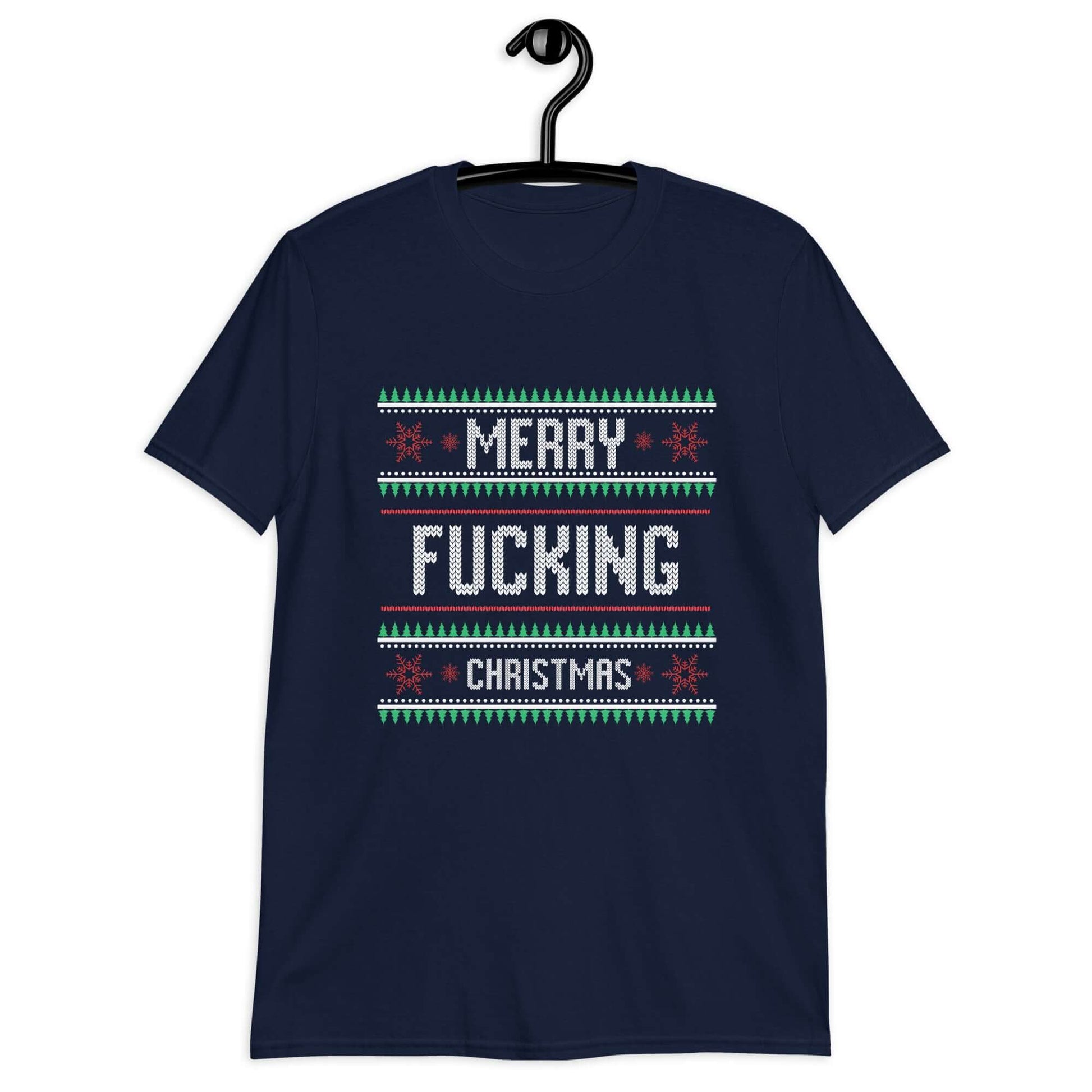 Navy blue t-shirt with the phrase Merry fucking Christmas printed on the front in sweater print font.