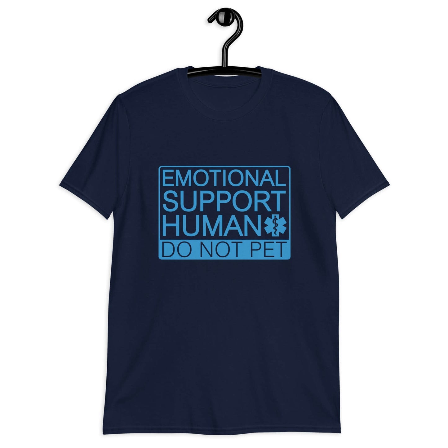 Navy blue t-shirt with the words Emotional support human, do not pet printed on the front.