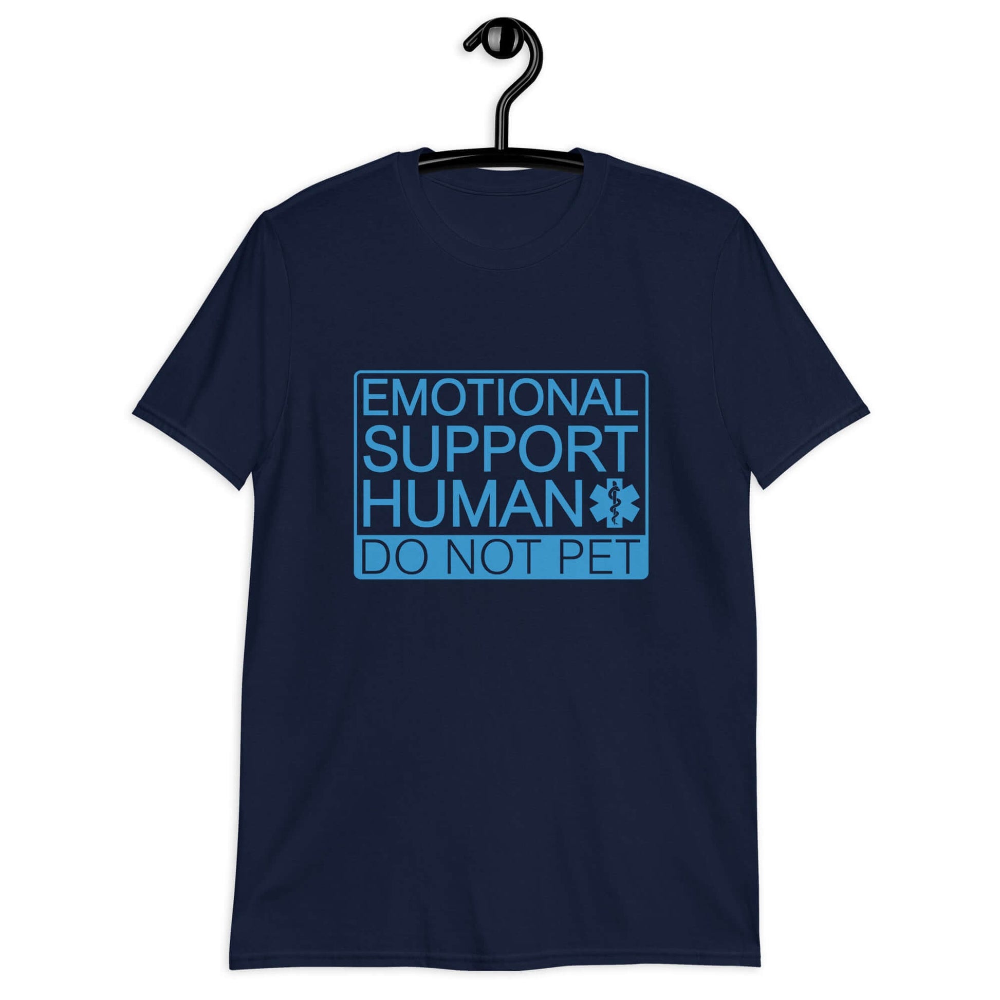 Navy blue t-shirt with the words Emotional support human, do not pet printed on the front.