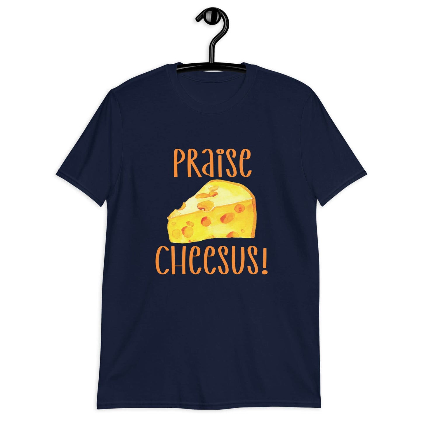 Navy blue t-shirt with funny graphics of a piece of swiss cheese and the words Praise Cheesus printed on the front of the hoodie in yellow and orange.