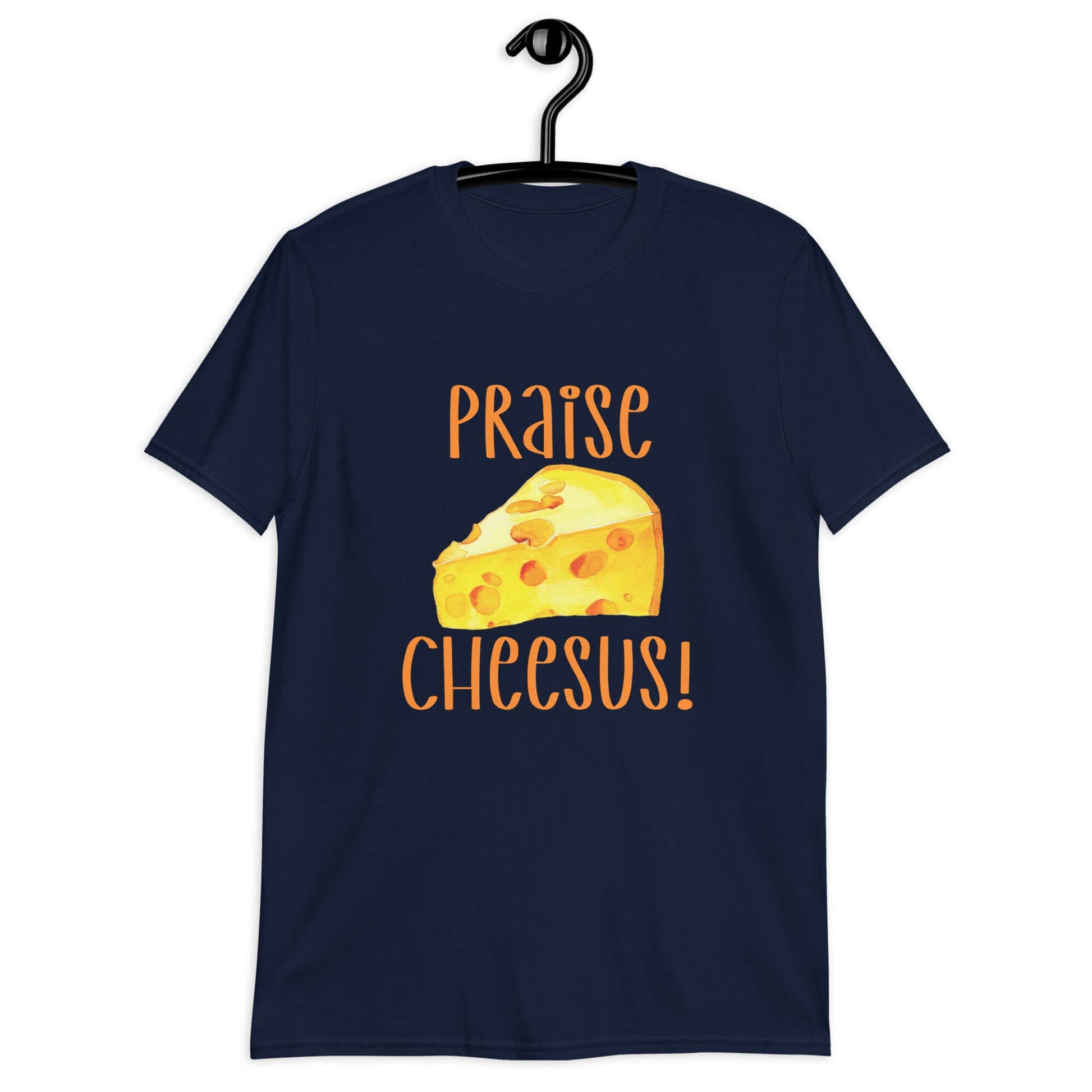 Navy blue t-shirt with funny graphics of a piece of swiss cheese and the words Praise Cheesus printed on the front of the hoodie in yellow and orange.