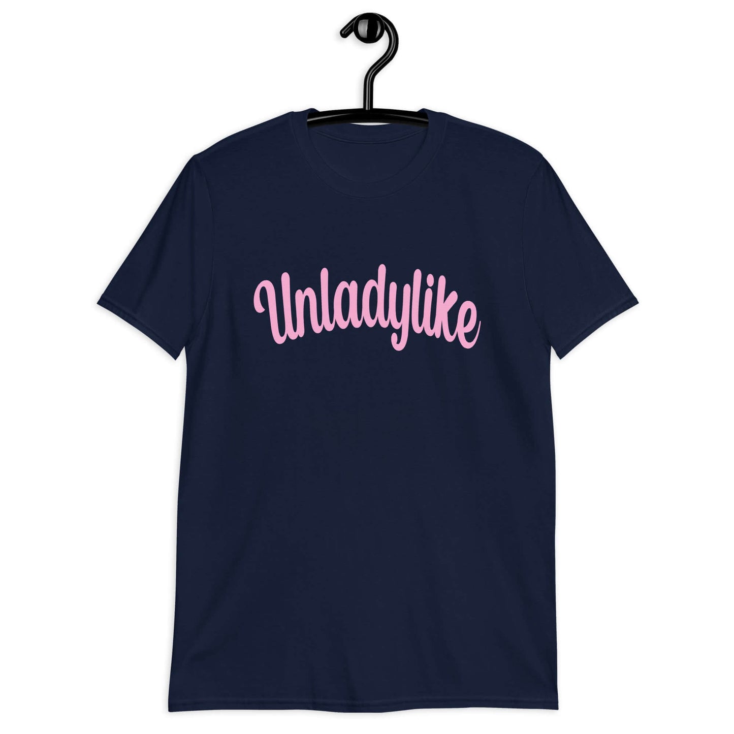 Navy blue t-shirt with the word Unladylike printed on the front in pink.