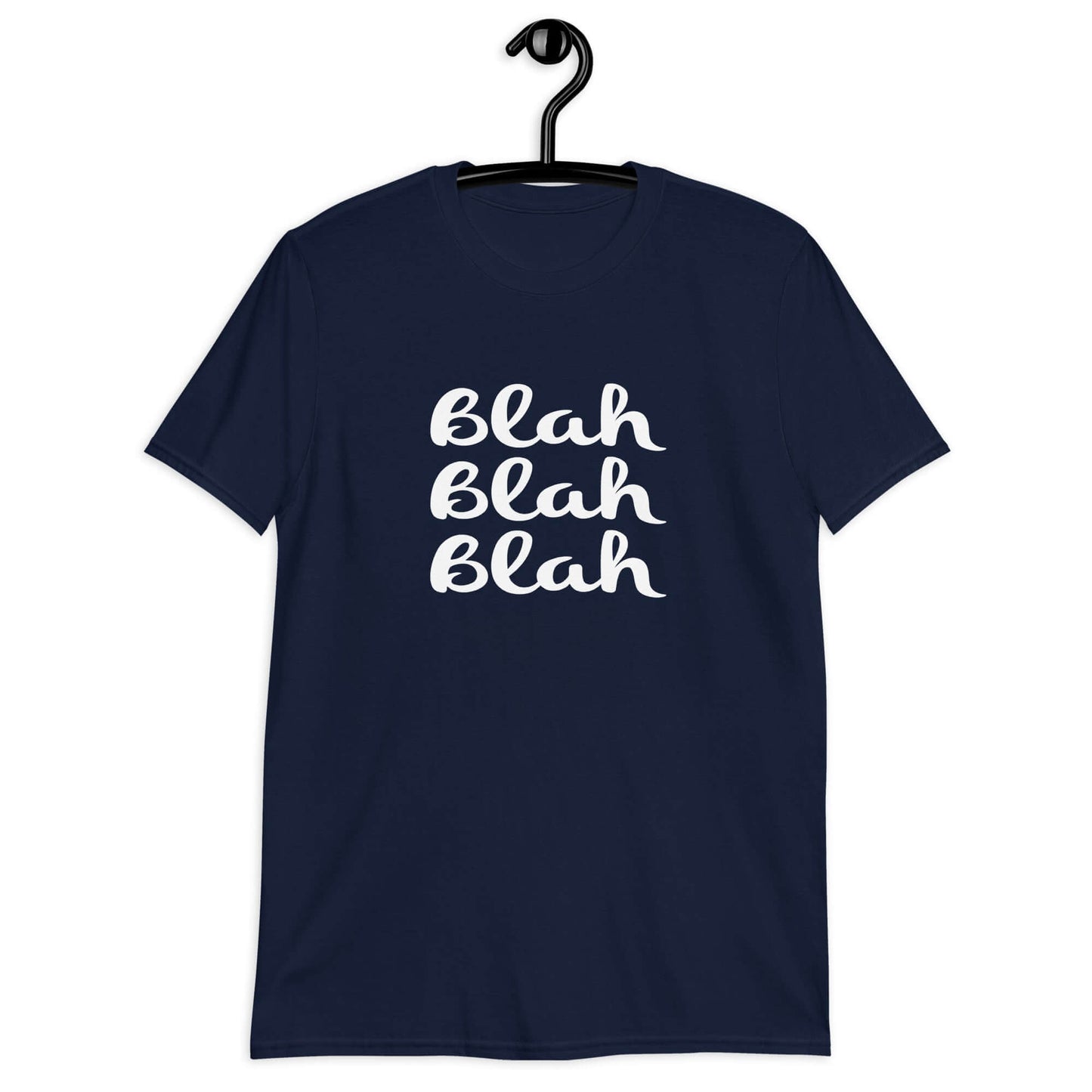 Navy blue t-shirt with the words Blah Blah Blah printed on the front.
