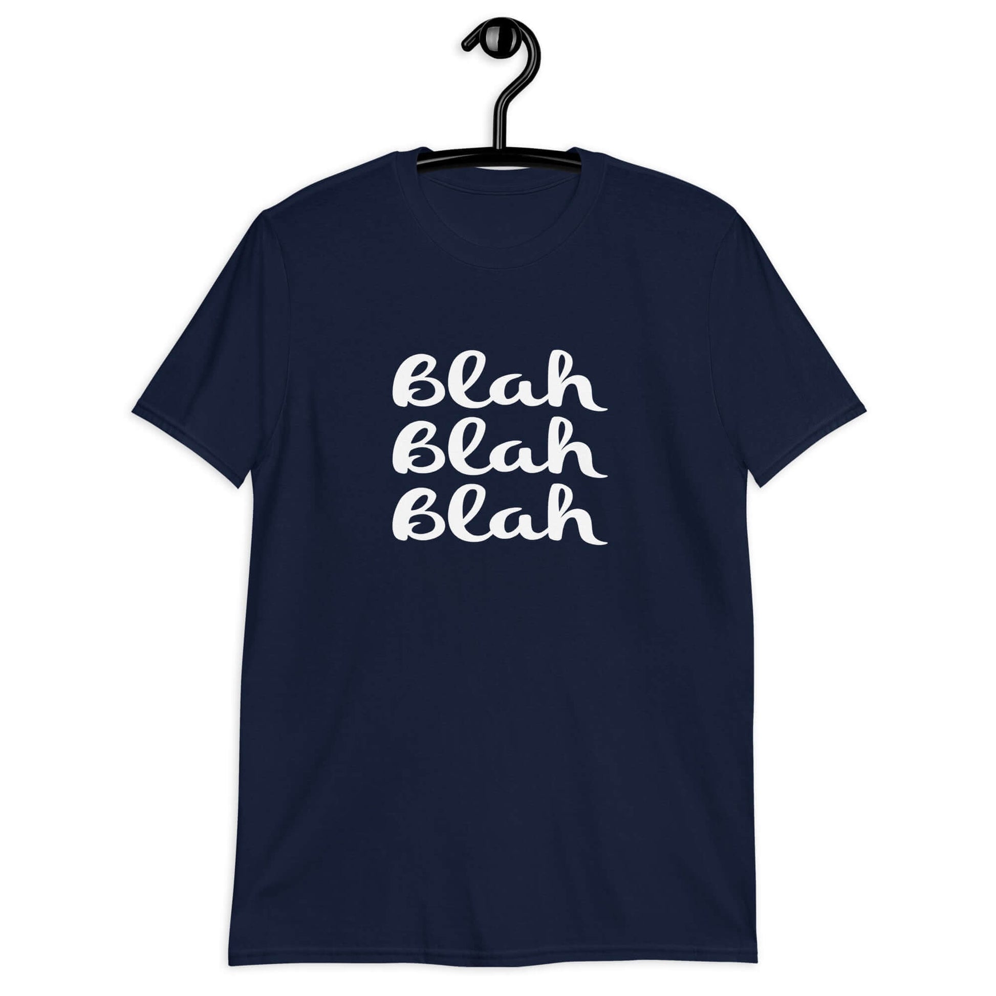 Navy blue t-shirt with the words Blah Blah Blah printed on the front.