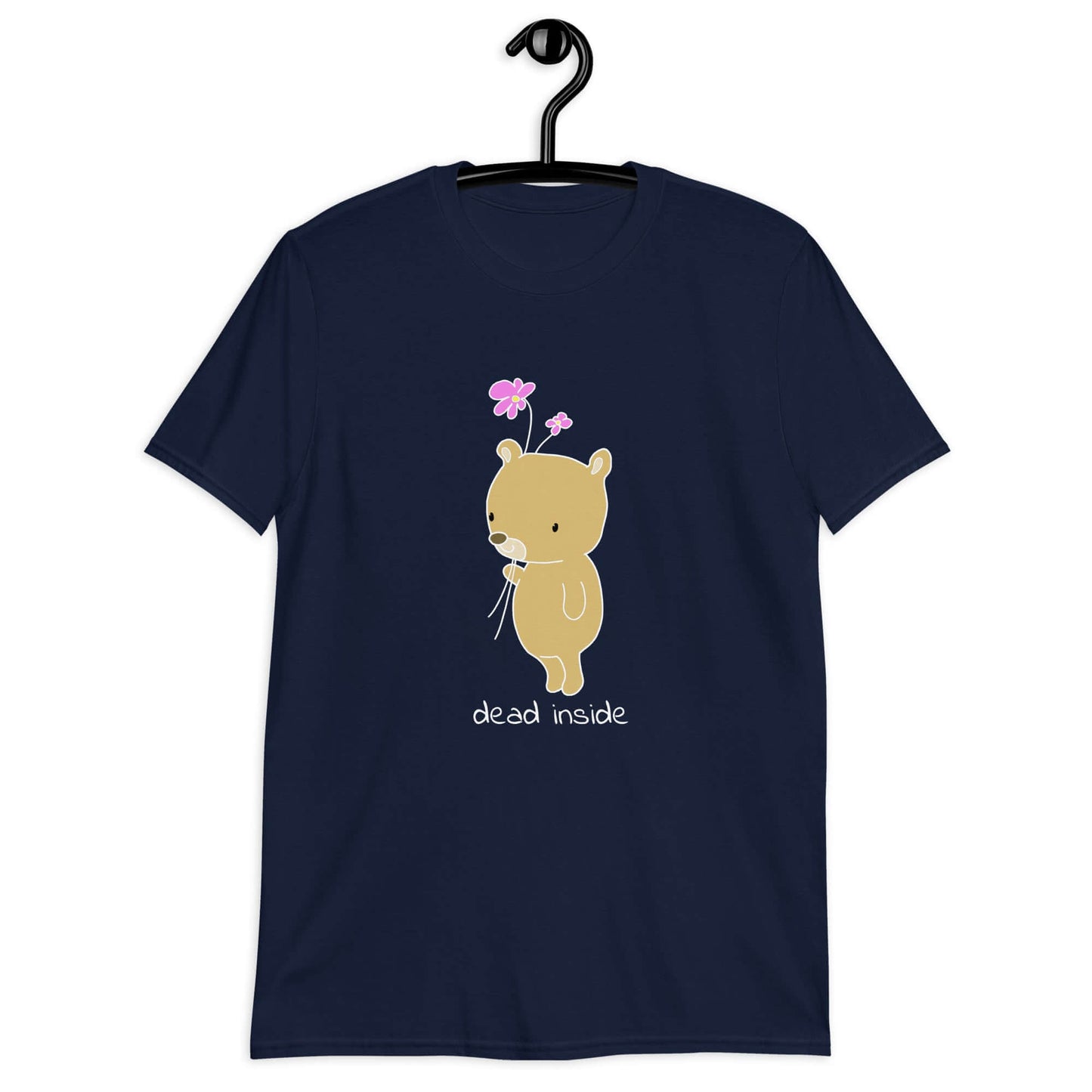 Navy blue t-shirt with an image of a cute bear holding 2 pink flowers. The words Dead inside are printed underneath the bear. The graphics are printed on the front of the shirt.