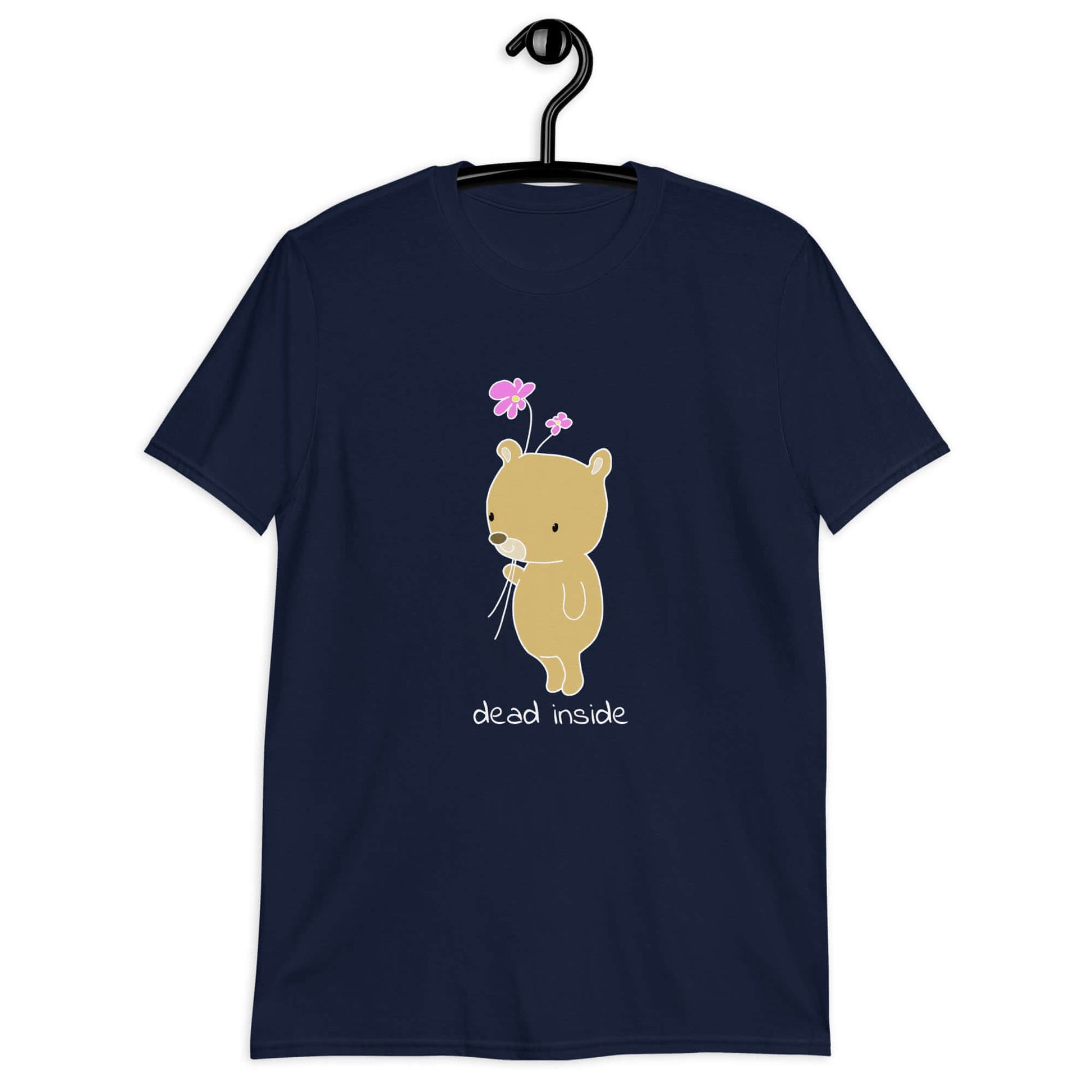 Navy blue t-shirt with an image of a cute bear holding 2 pink flowers. The words Dead inside are printed underneath the bear. The graphics are printed on the front of the shirt.