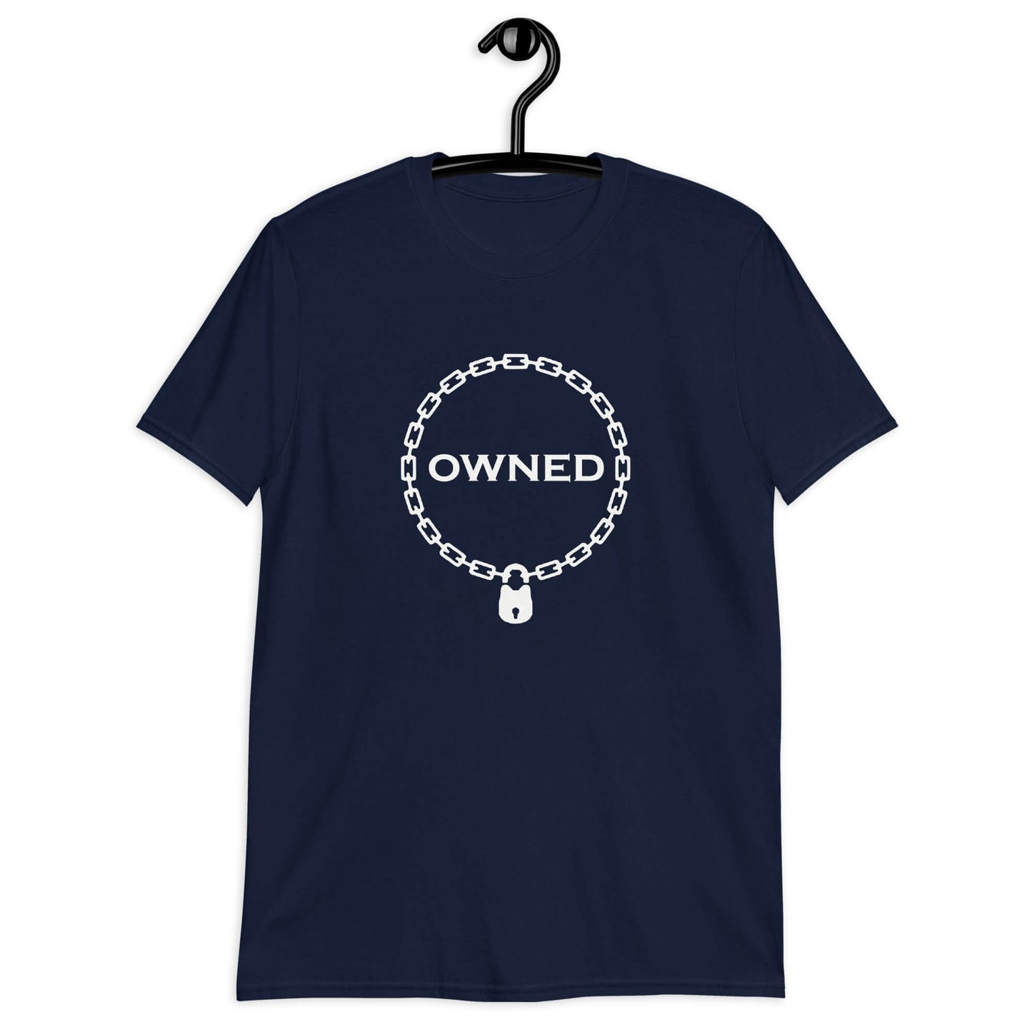 Navy blue t-shirt with an image of a BDSM chain collar with a lock and the word Owned printed in the center of the collar. The design is printed on the front of the shirt.