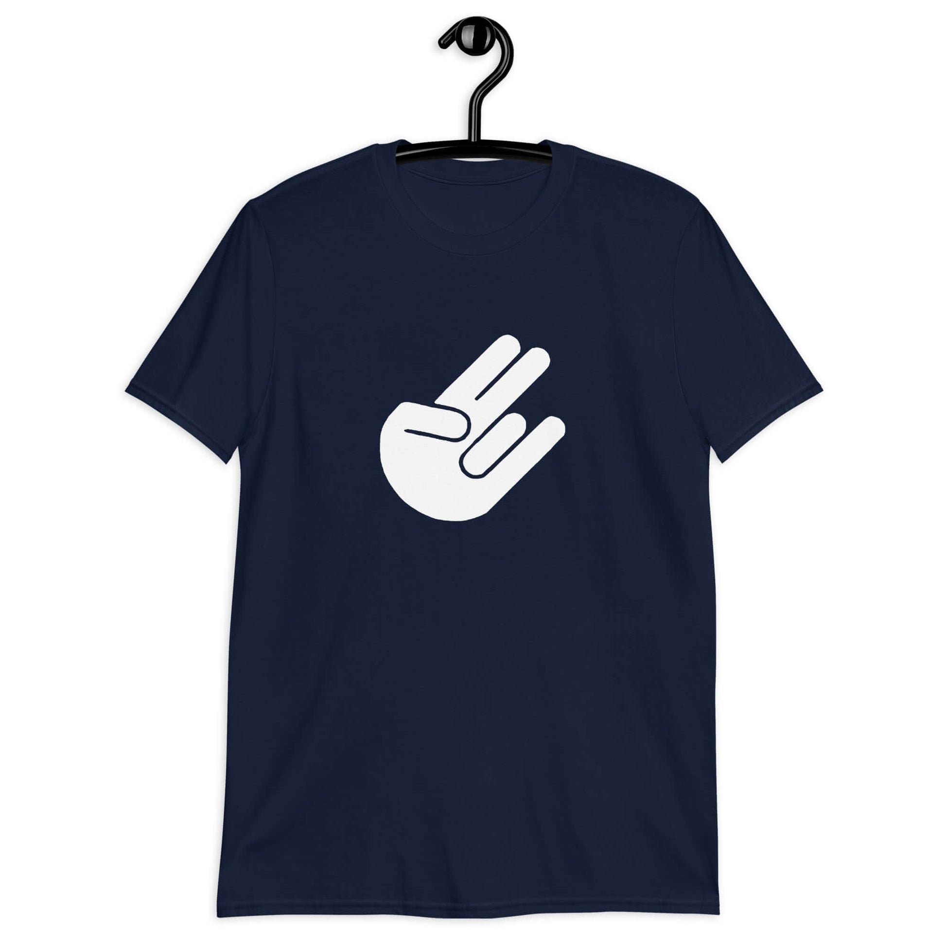 Navy blue t-shirt with the universal symbol for The Shocker printed on the front.