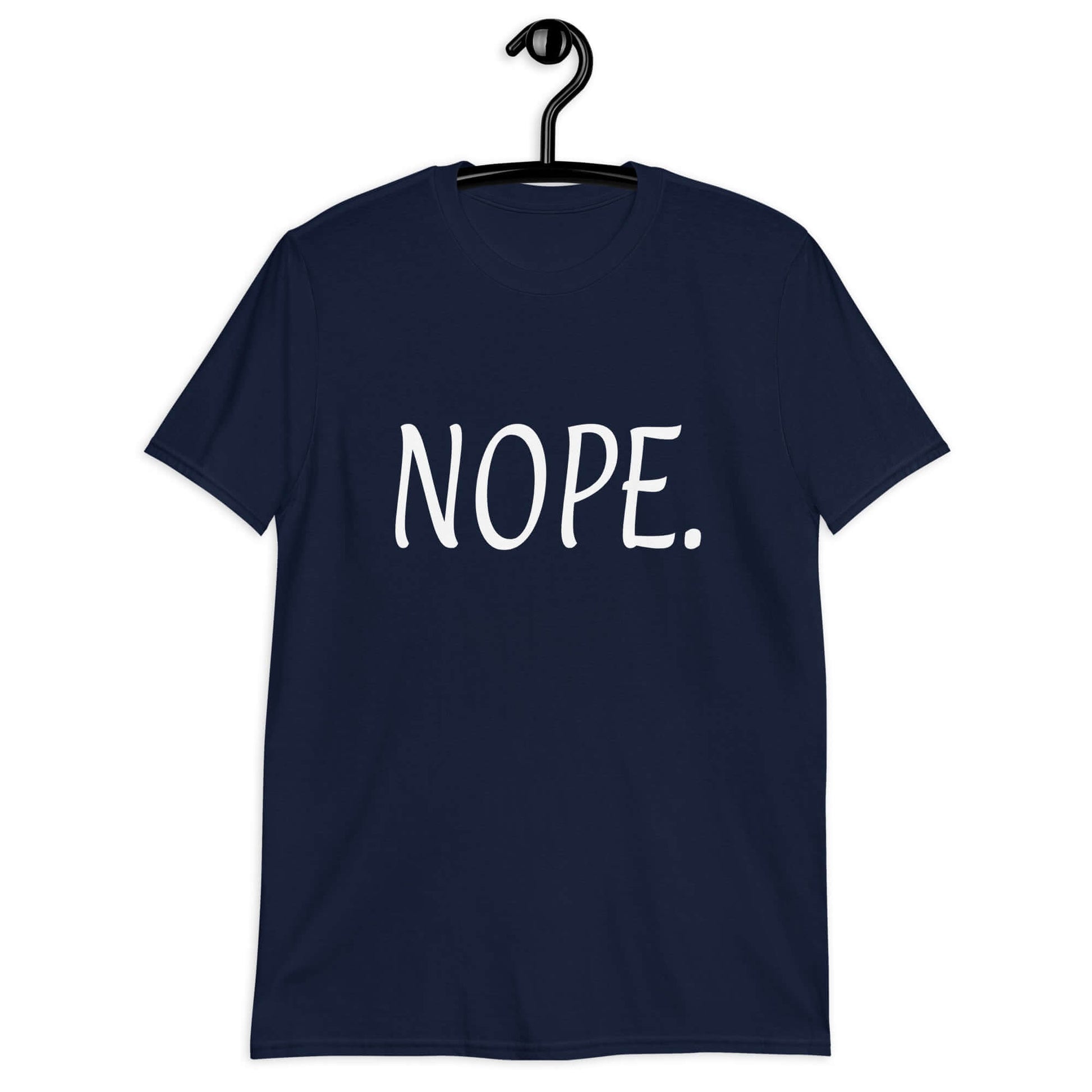Navy blue t-shirt with the word Nope printed on the front.