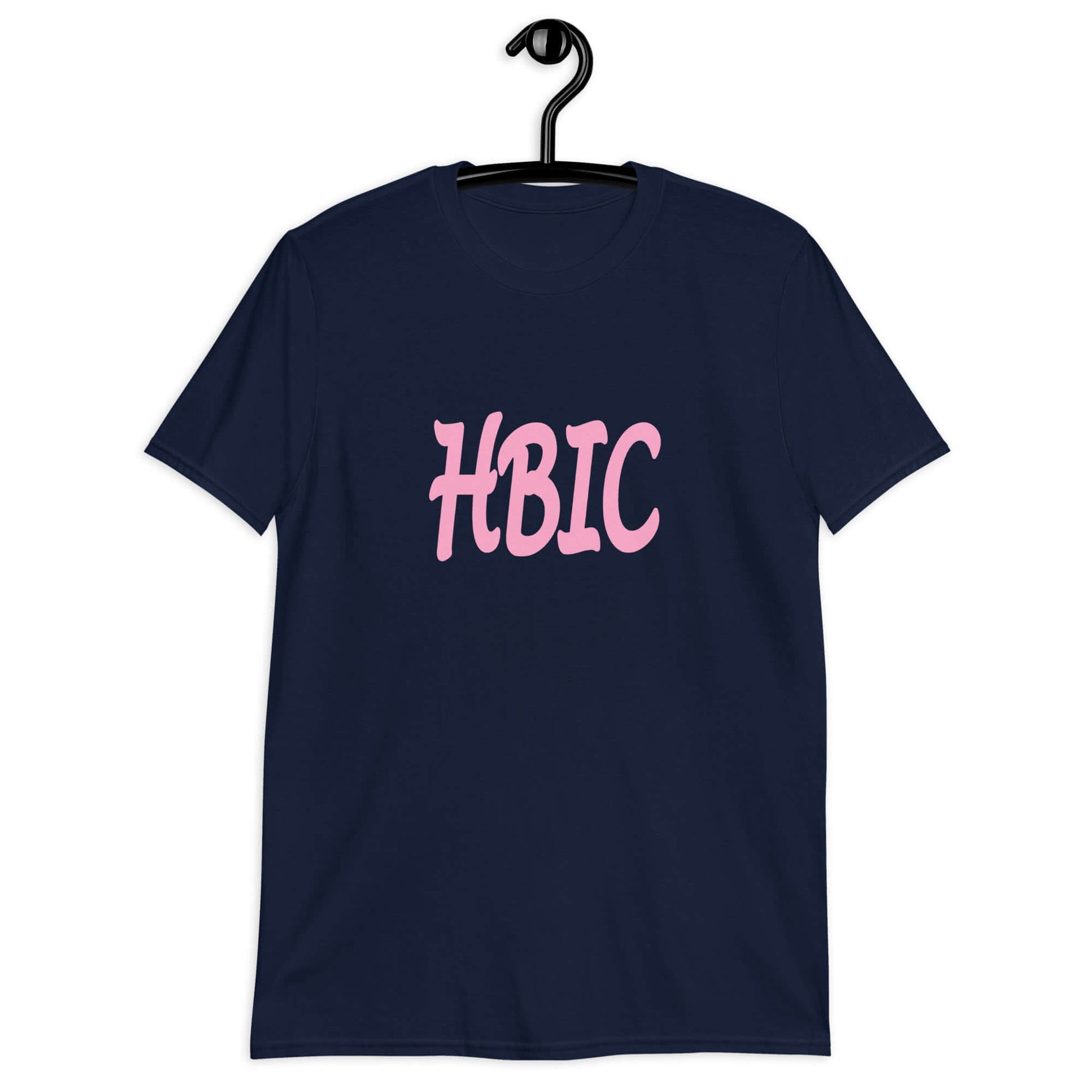 Navy blue t-shirt with the acronym HBIC printed on the front in pink text.