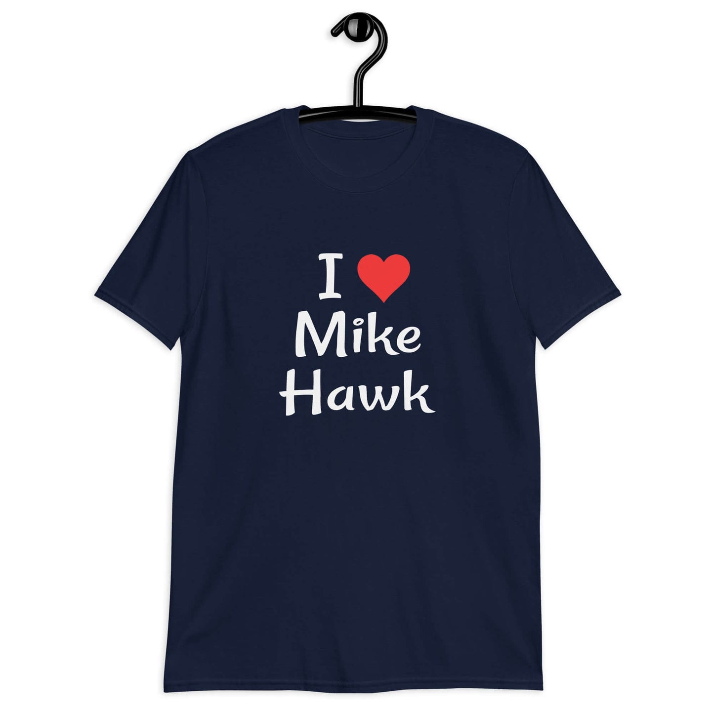 Navy blue t-shirt with the pun I heart Mike Hawk printed on the front.