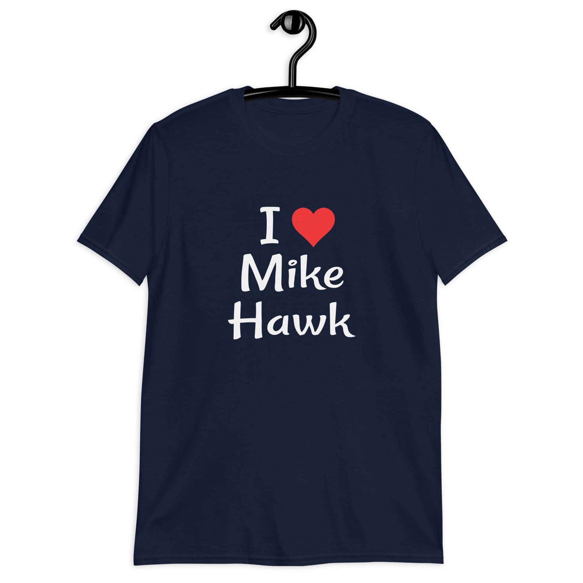 Navy blue t-shirt with the pun I heart Mike Hawk printed on the front.