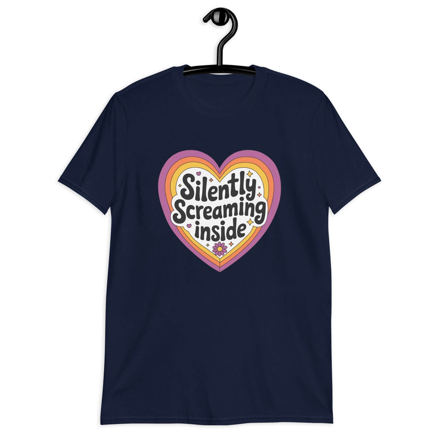 Navy blue t-shirt with a graphic that says Silently screaming inside. The graphics are printed on the front of the shirt.