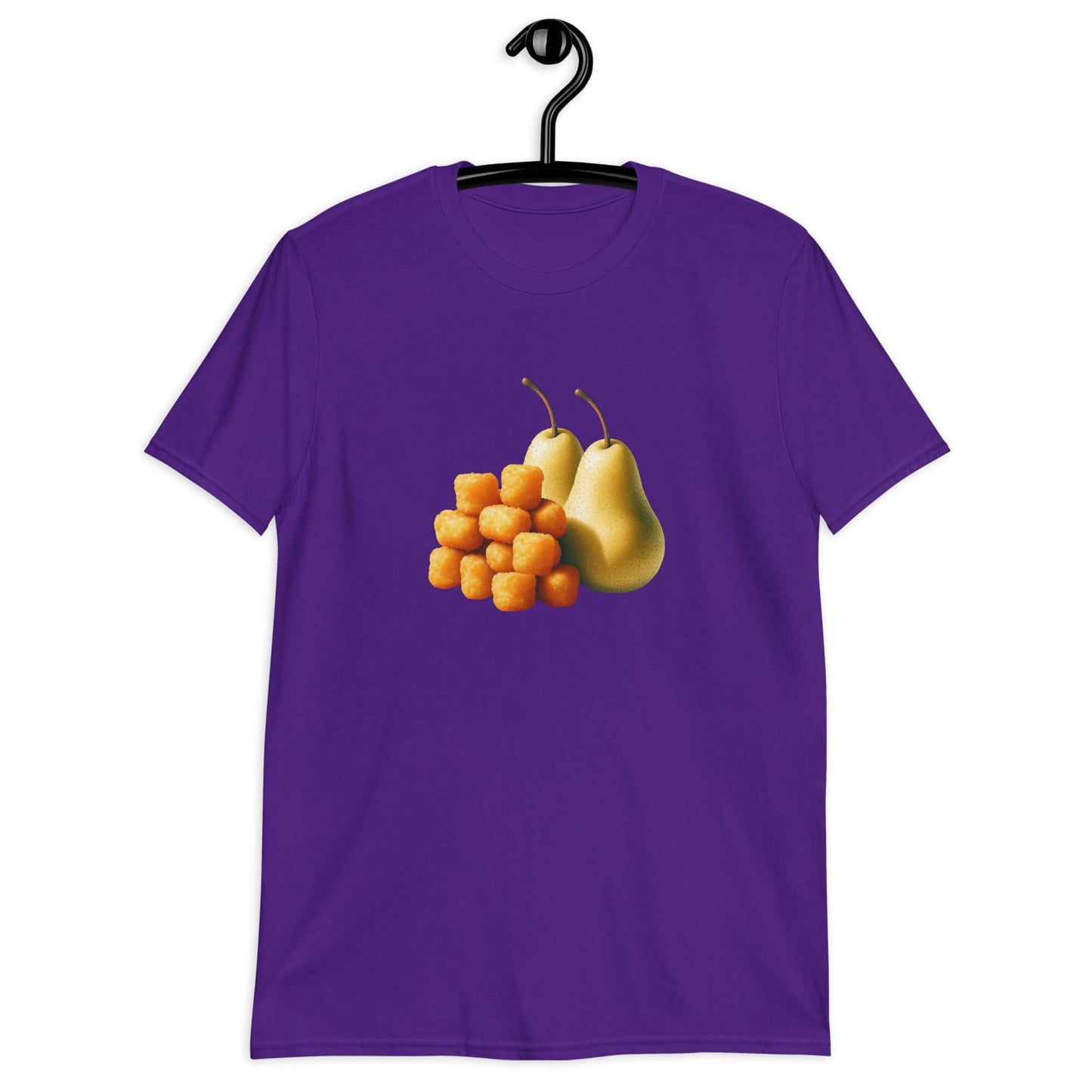 Purple t-shirt with an image of tater tots and two pears printed on the front.