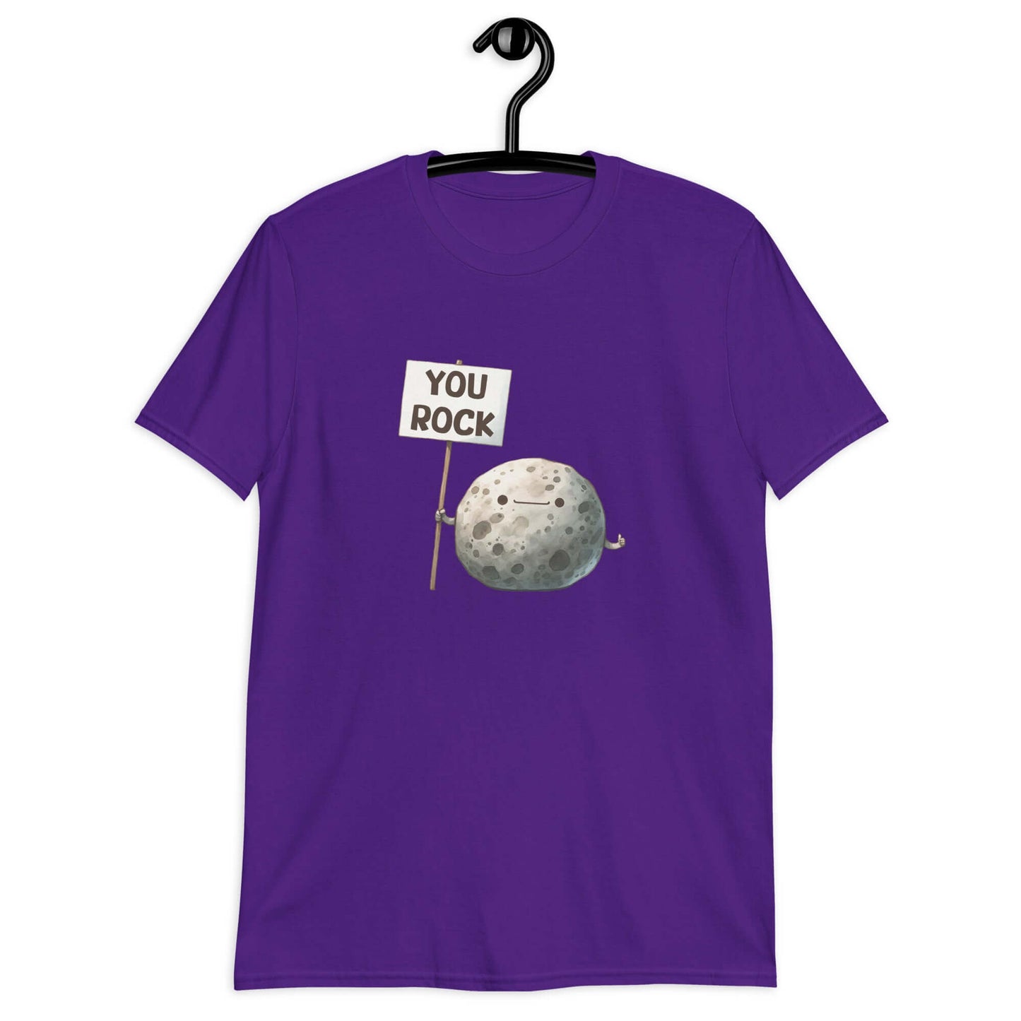 Purple t-shirt that has an image of a grey rock that is holding a sign. The sign says You Rock. The image is printed on the front of the t-shirt..