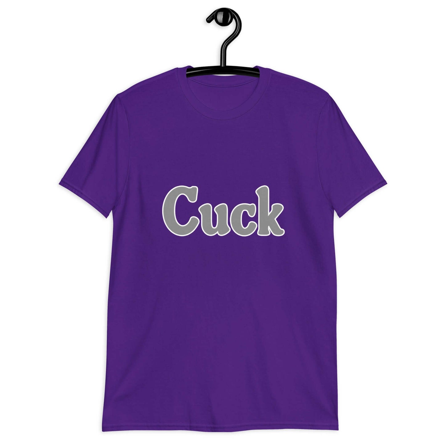 Purple t-shirt with the word Cuck printed on the front in grey text.