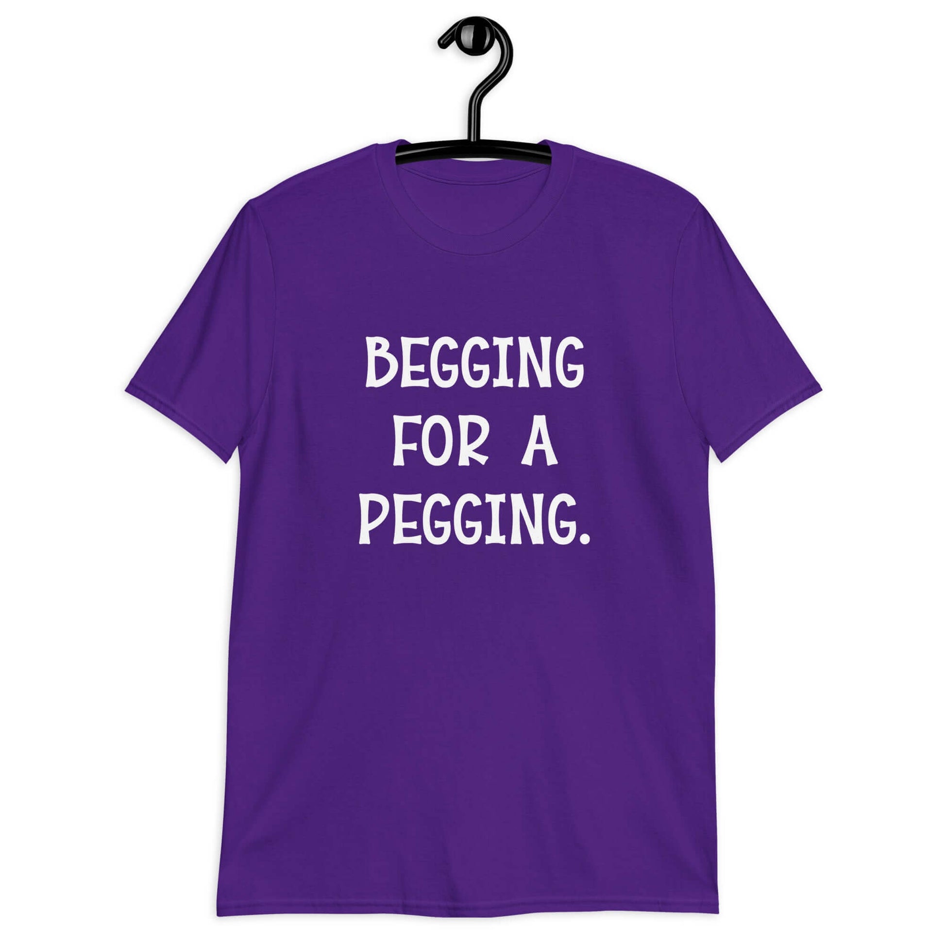 Purple t-shirt with the words Begging for a pegging printed on the front.