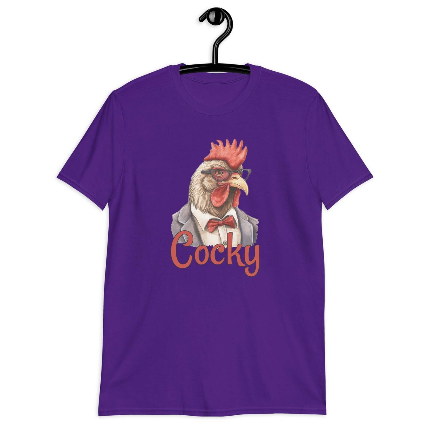 Purple t-shirt with image of a rooster and the word Cocky printed on the front.