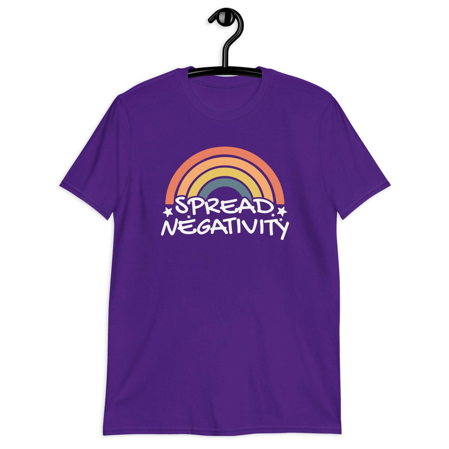 Purple t-shirt with a graphic of a rainbow and the words Spread negativity printed on the front.