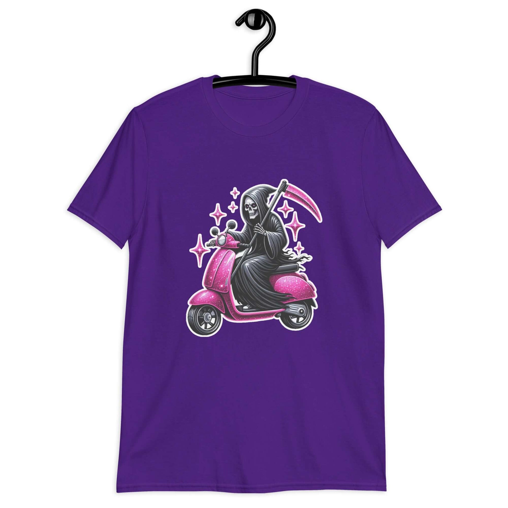 Purple t-shirt with an image of the Grim Reaper riding on a glam pink scooter printed on the front.