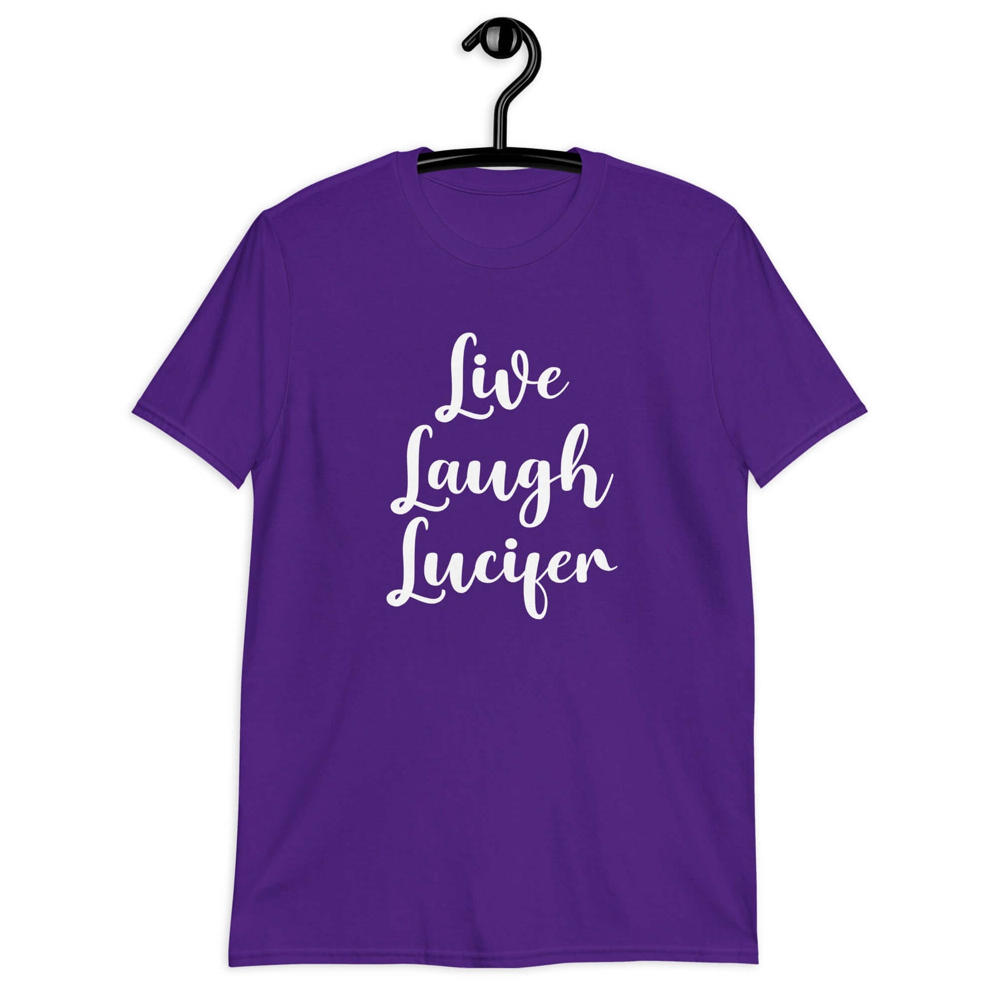 Purple t-shirt with the parody phrase Live, Laugh, Lucifer printed on the front.