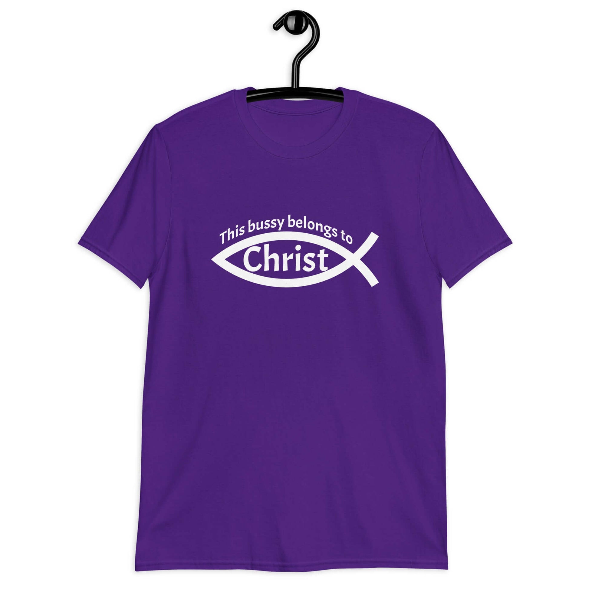 Purple t-shirt with This bussy belongs to Christ inside of a Christian fish symbol printed on the front.