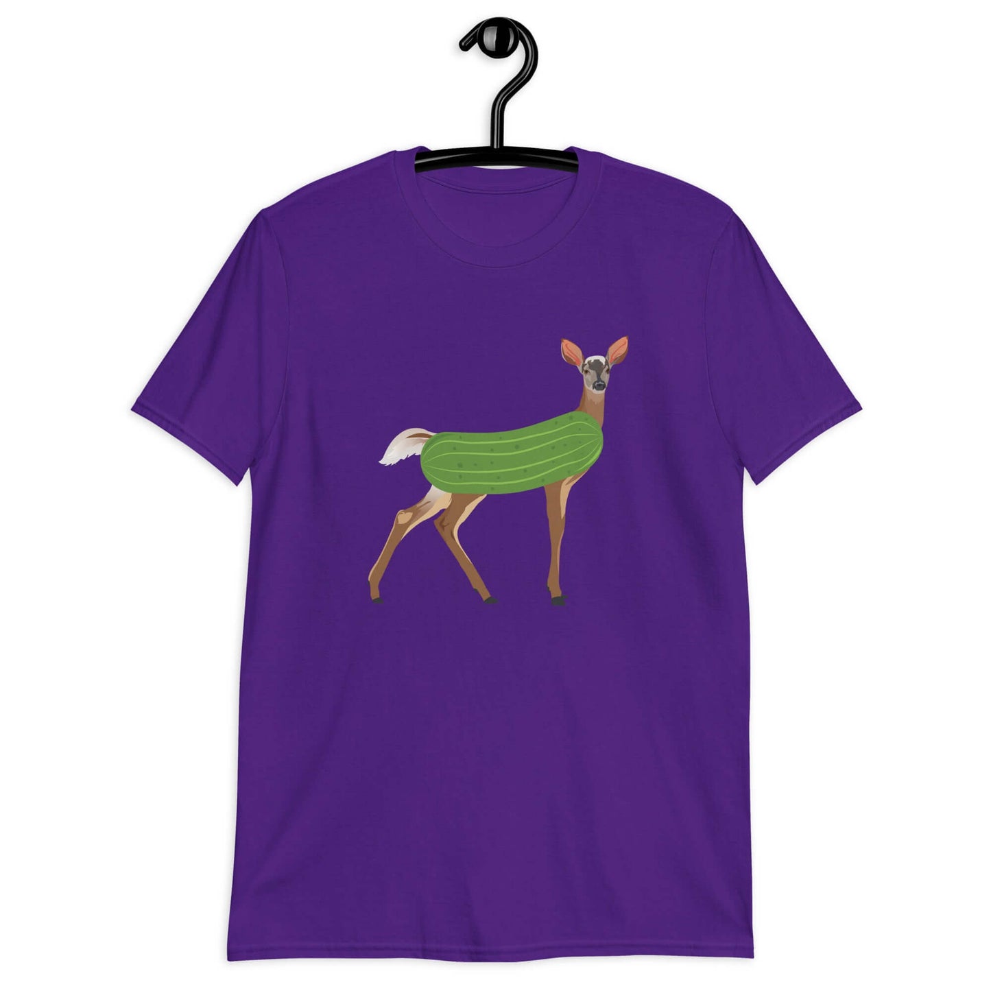 Purple dildo pun t-shirt with funny image of a doe deer with a dill pickle body printed on the front.