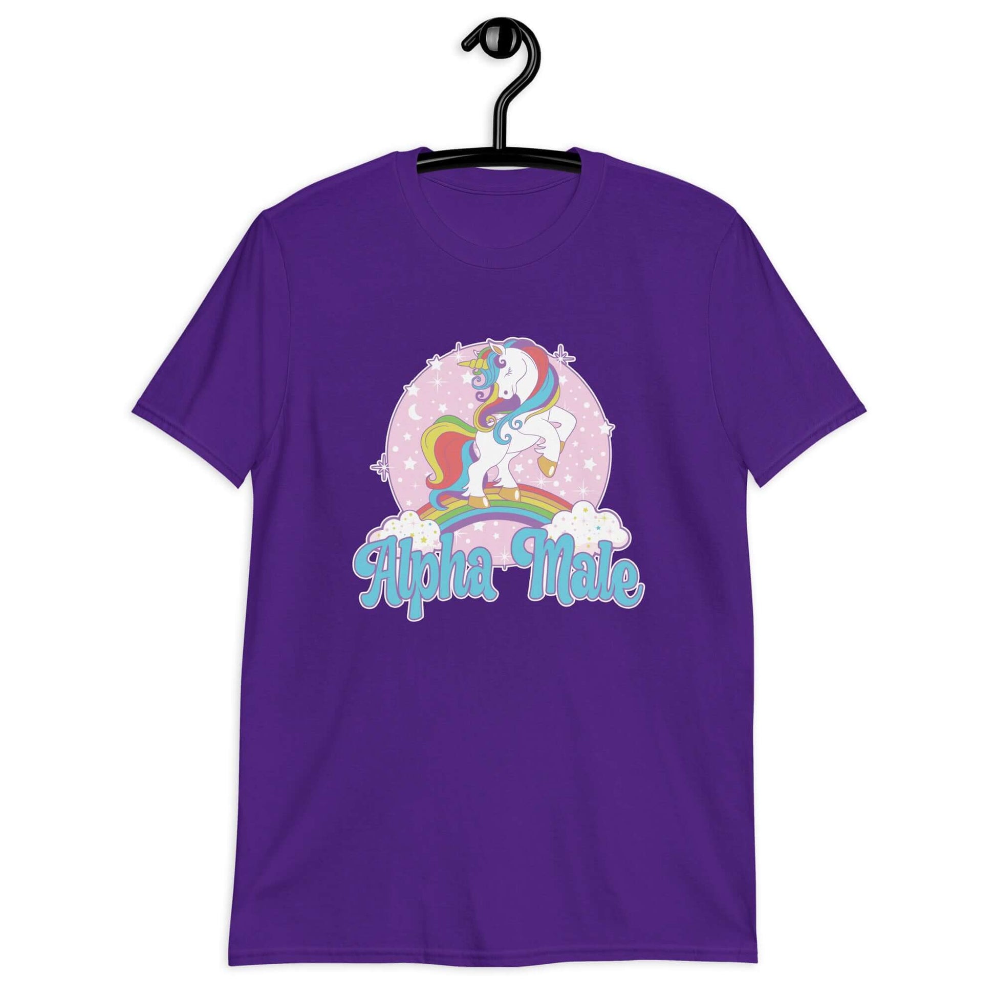 Purple t-shirt with funny pastel rainbow unicorn graphics and the words Alpha Male printed on the front.