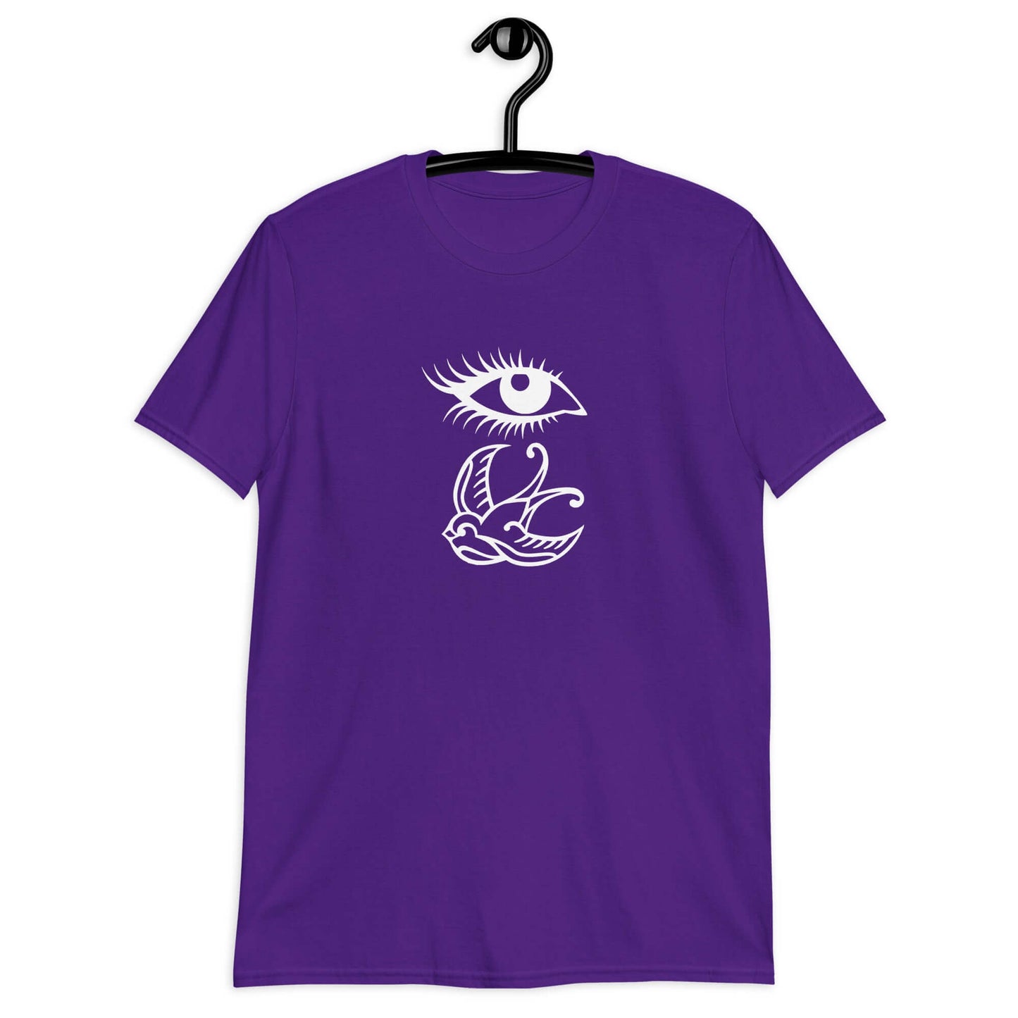 Purple t-shirt with outline drawing of an eye and a swallow bird printed on the front.