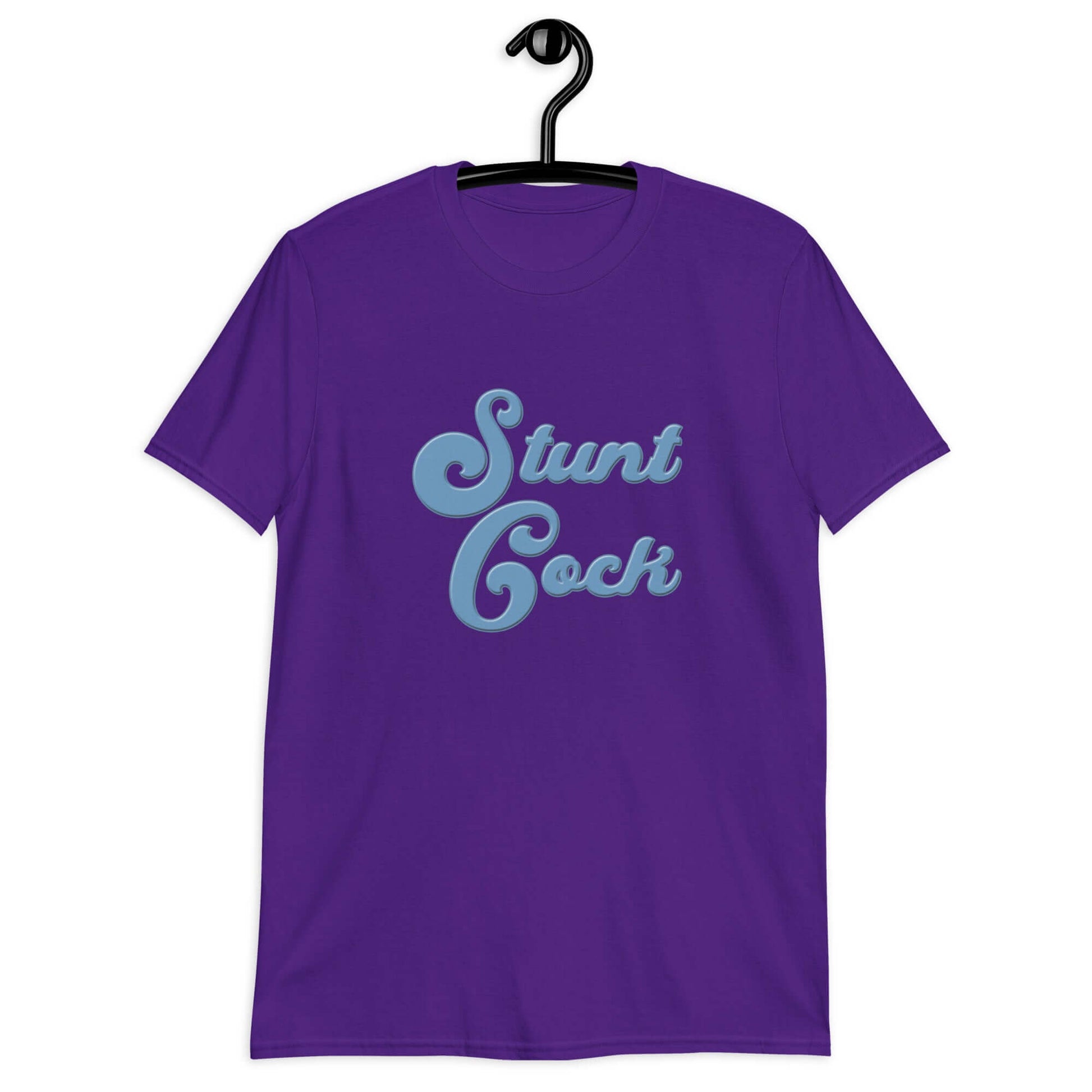 Purple t-shirt with the words Stunt Cock printed on the front in blue.