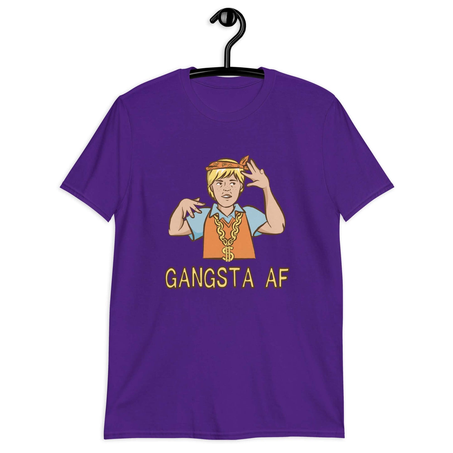 Purple t-shirt with a parody image of a blond haired child trying to be a gangster with the words Gangsta AF printed on the front.