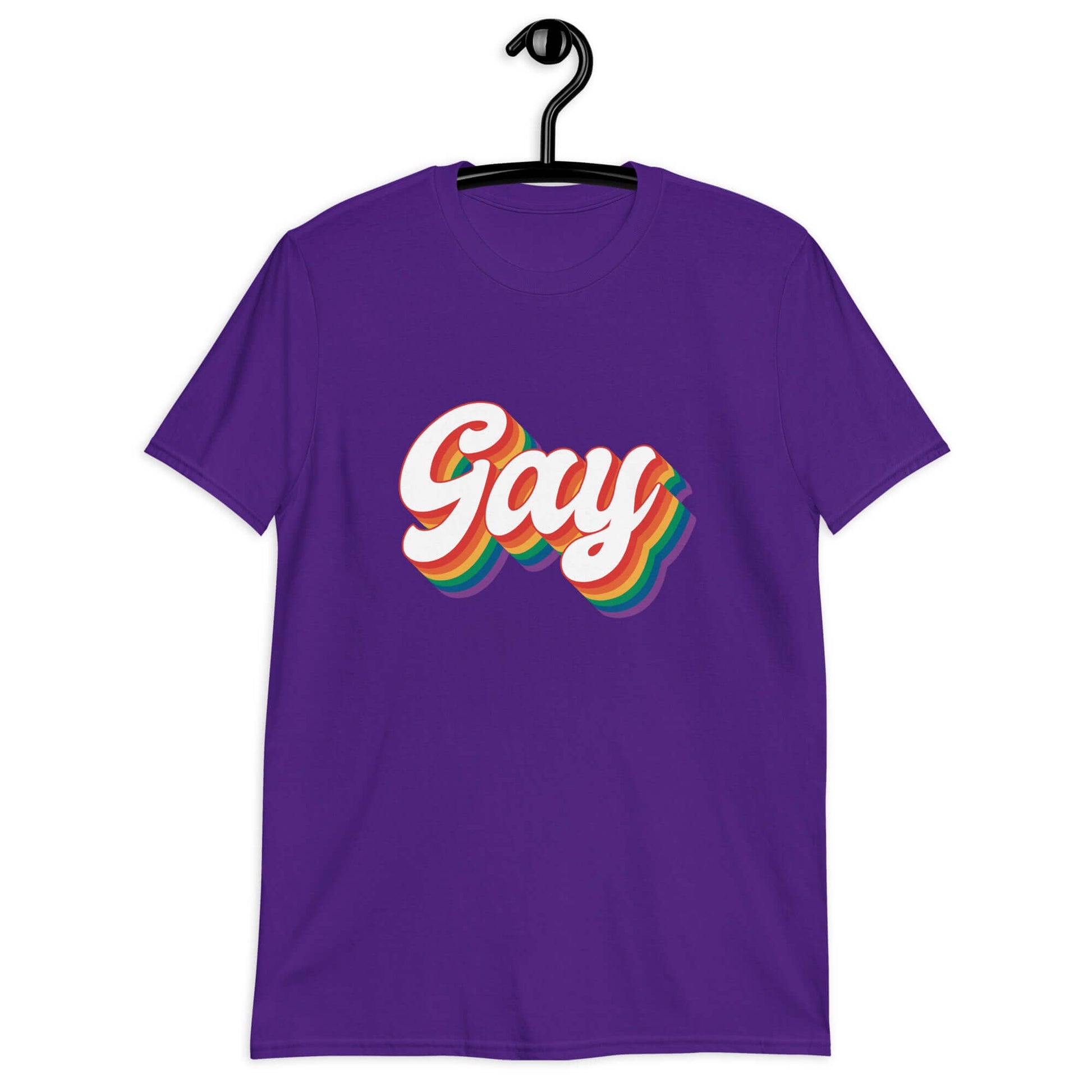 Purple t-shirt with the word Gay printed on the front. The word gay is outlined in rainbow.